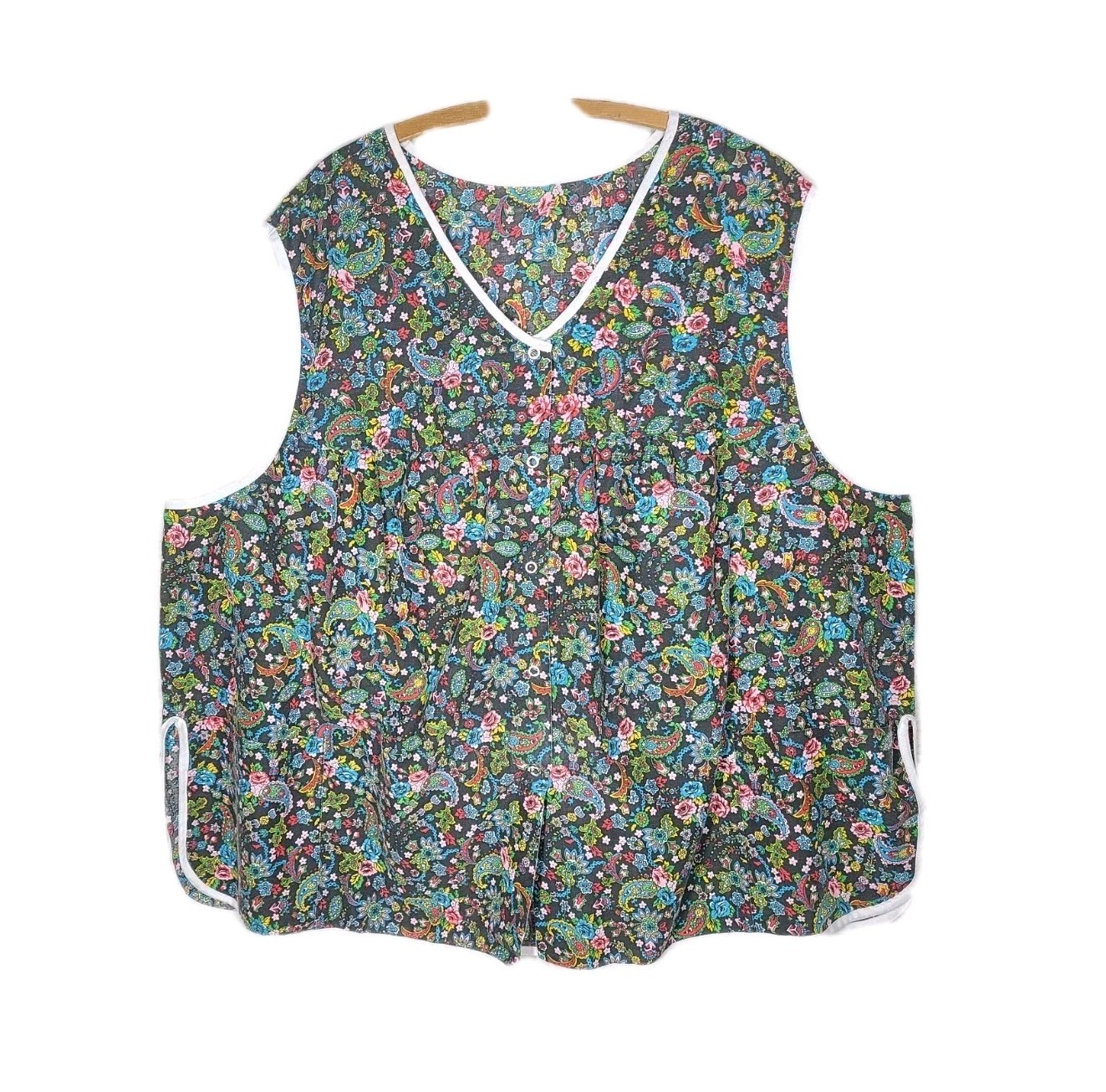 Vintage 1970s Snap Up Top Plus Size 4x Sleeveless Floral Gathers Pockets Smock