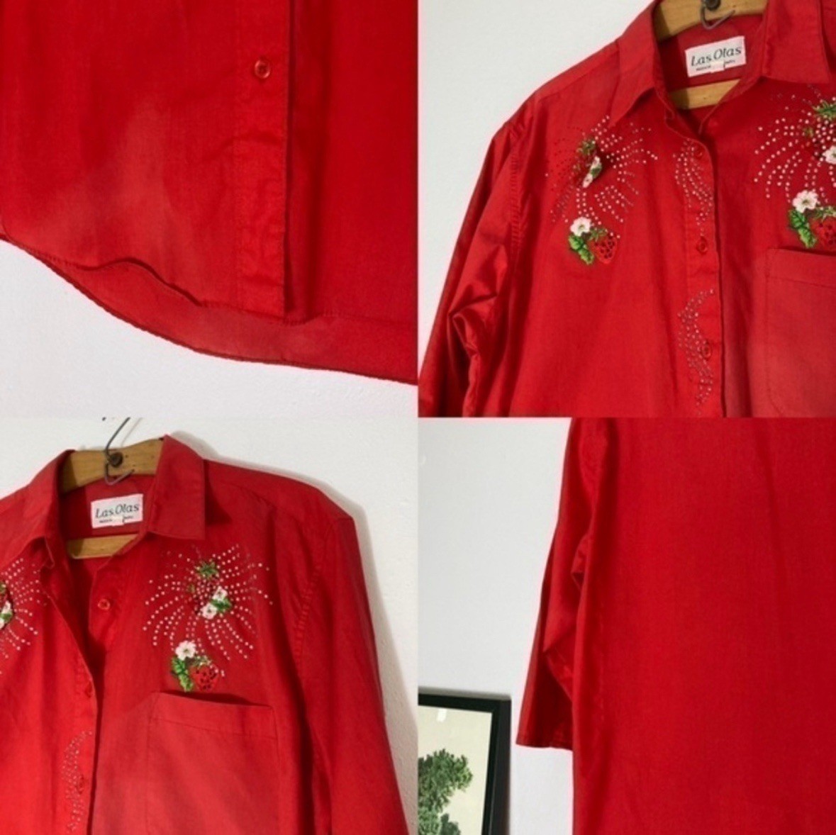 Vintage Las Olas red strawberry rhinestone appliqué button up shirt size Medium