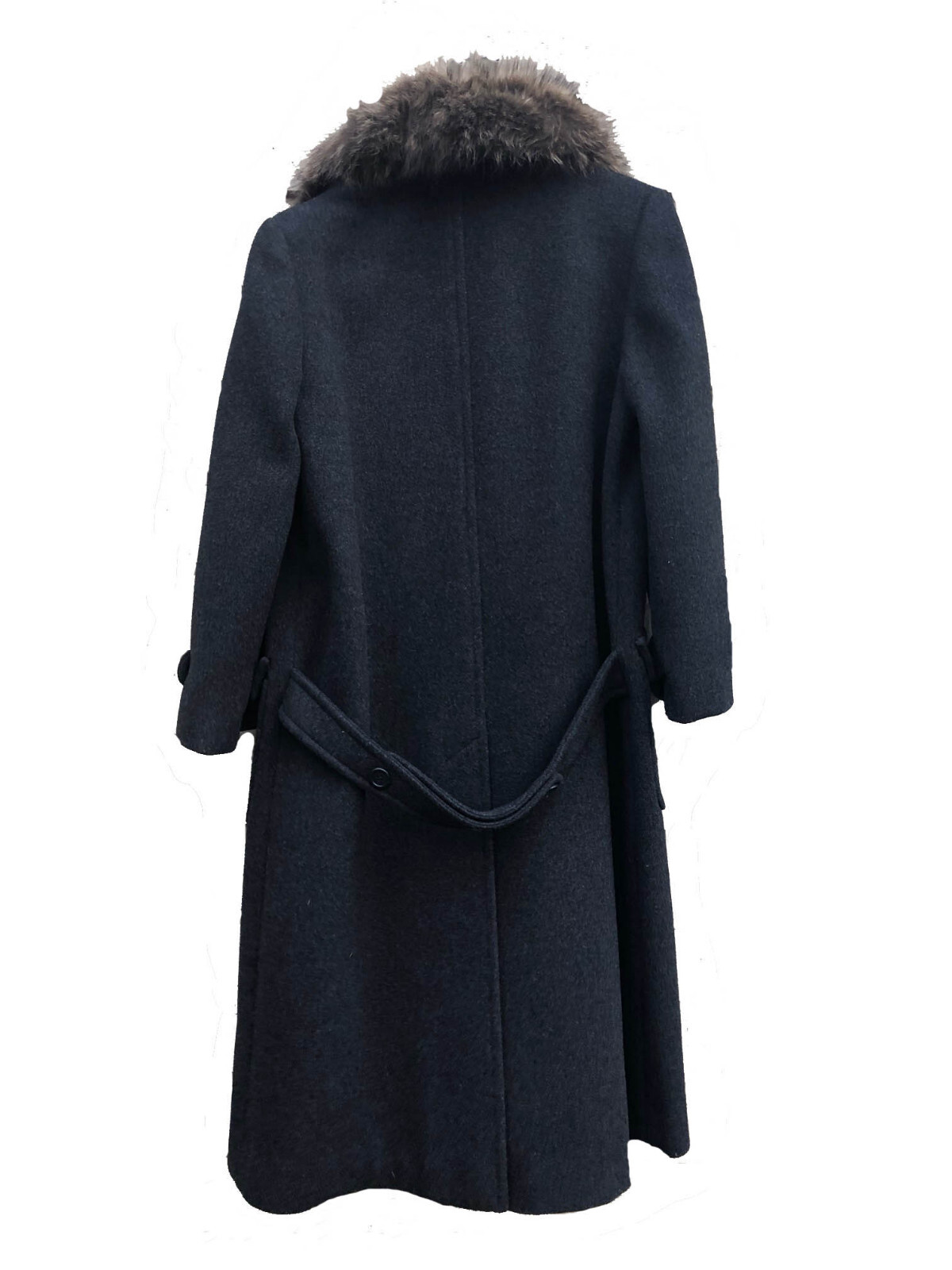 Perry Ellis VTG 70s-80s Maxi Dark Gray Wool Coat w/ Raccoon Fur Shawl Collar 12