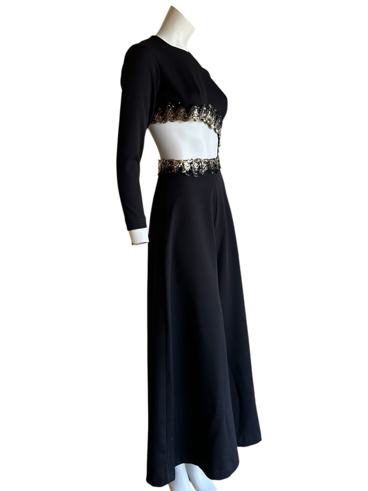 Vintage 60s 70s Bobbi Sue Black Disco Palazzo Jumpsuit Cut Out Bell Bottom AS IS