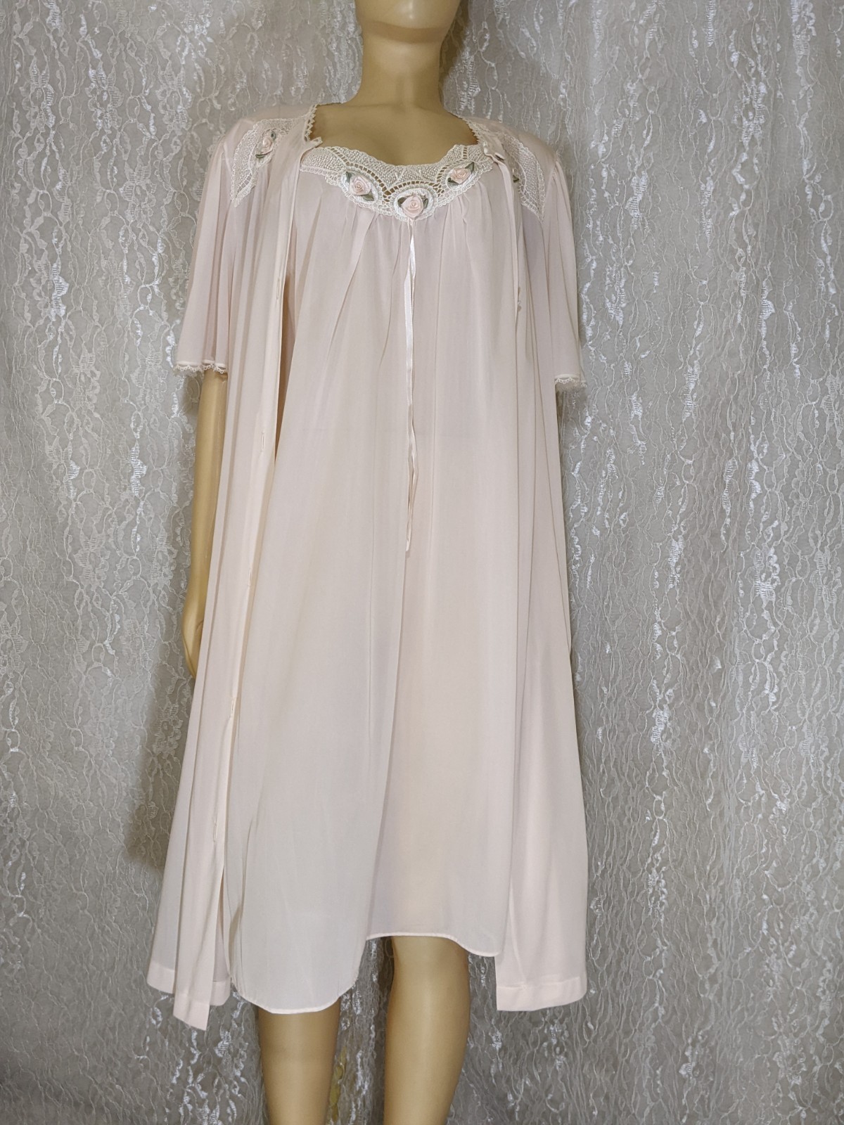 Vintage Lorraine Soft Pink Lightweight Lingerie Dress Nightgown Robe Set L