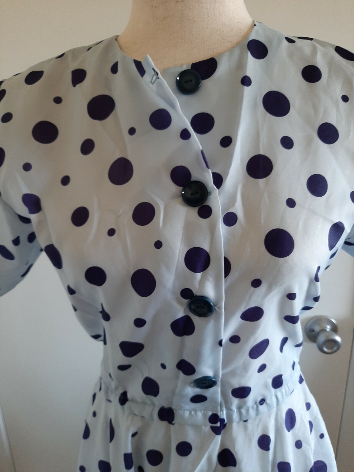 Vintage 50s Blue Polka Dot Shirtwaist Dress Larger Size VLV Rockabilly