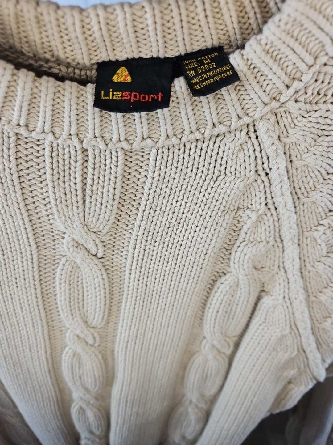 90s Vintage Chunky Cable Knit Sweater Ivory M Old Money Light Academia Fisherman
