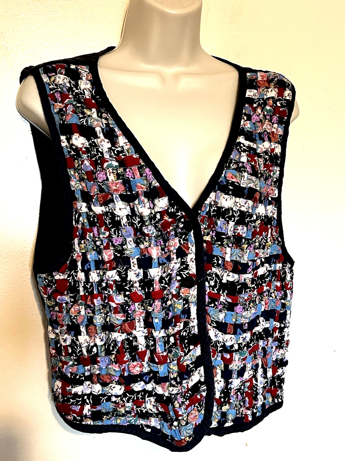 Vintage 90s Paul Harris Design Red White Blue Basketweave Vest Size L Boho Top
