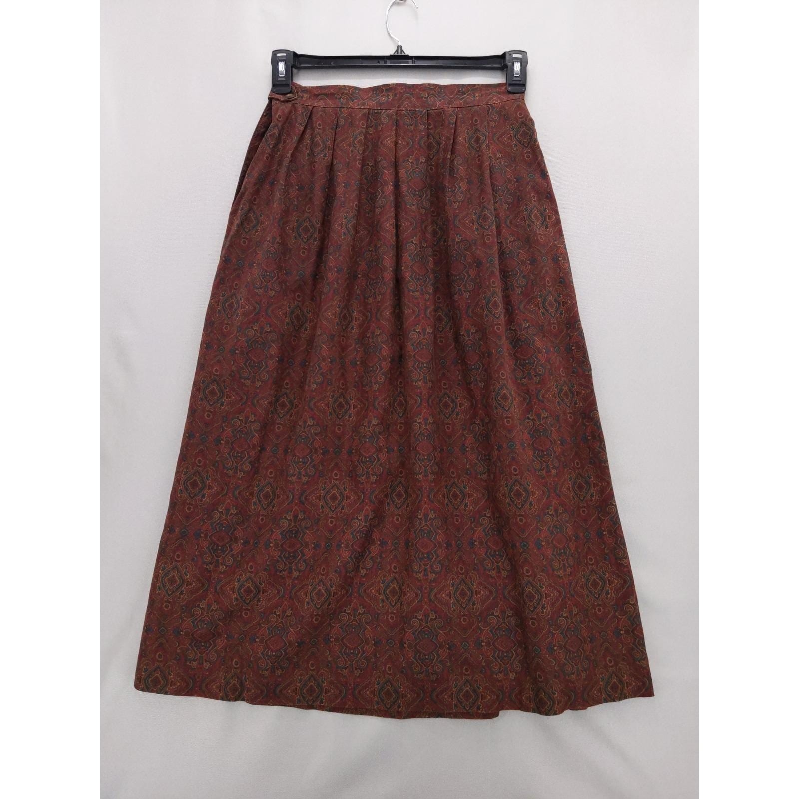 vtg Brooks Brothers Midi Skirt Womens 12 High Waist Burgundy Paisley Pleated