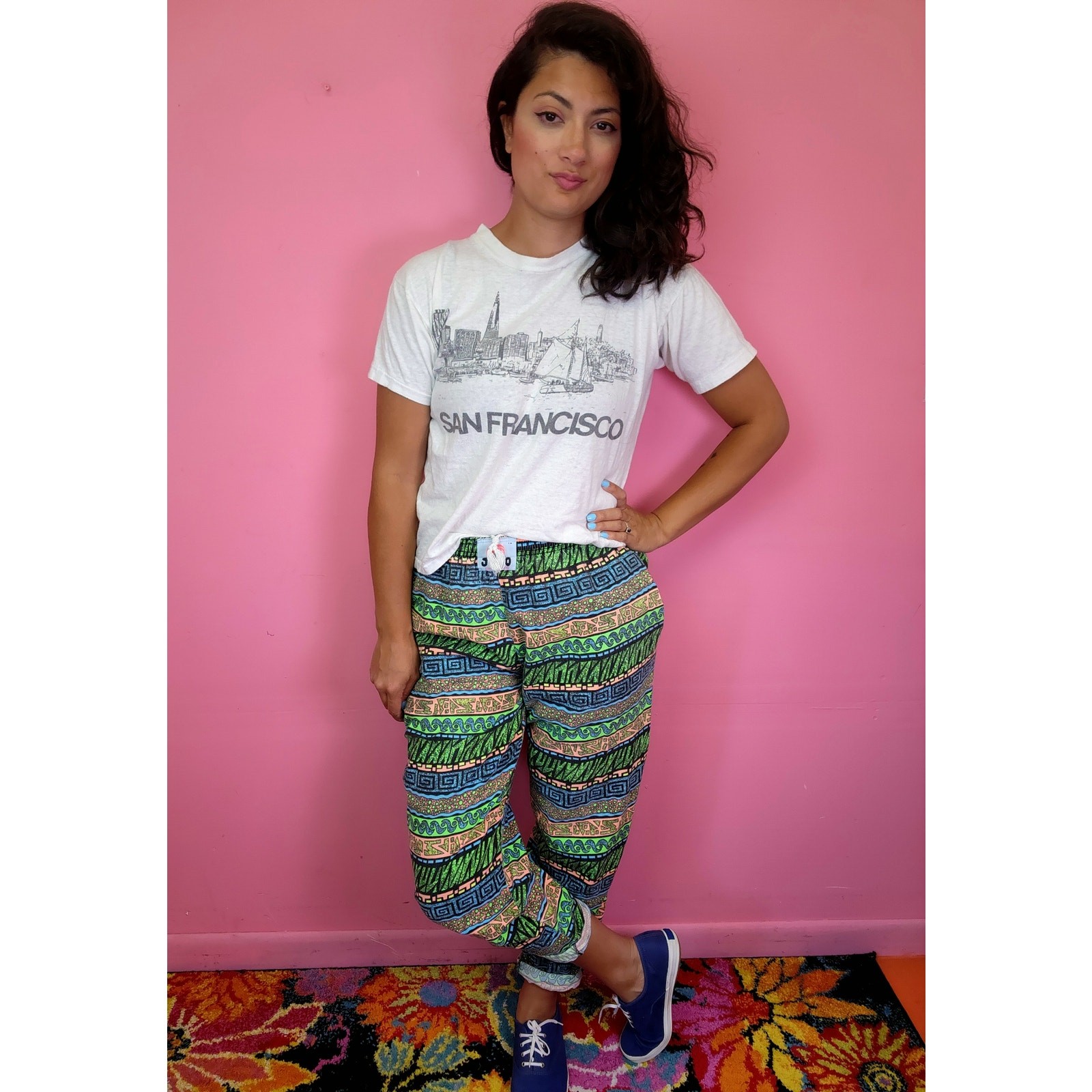 Vintage 1980’s/1990’s JoJo Green Pink Abstract Surfer Muscle Parachute Pants
