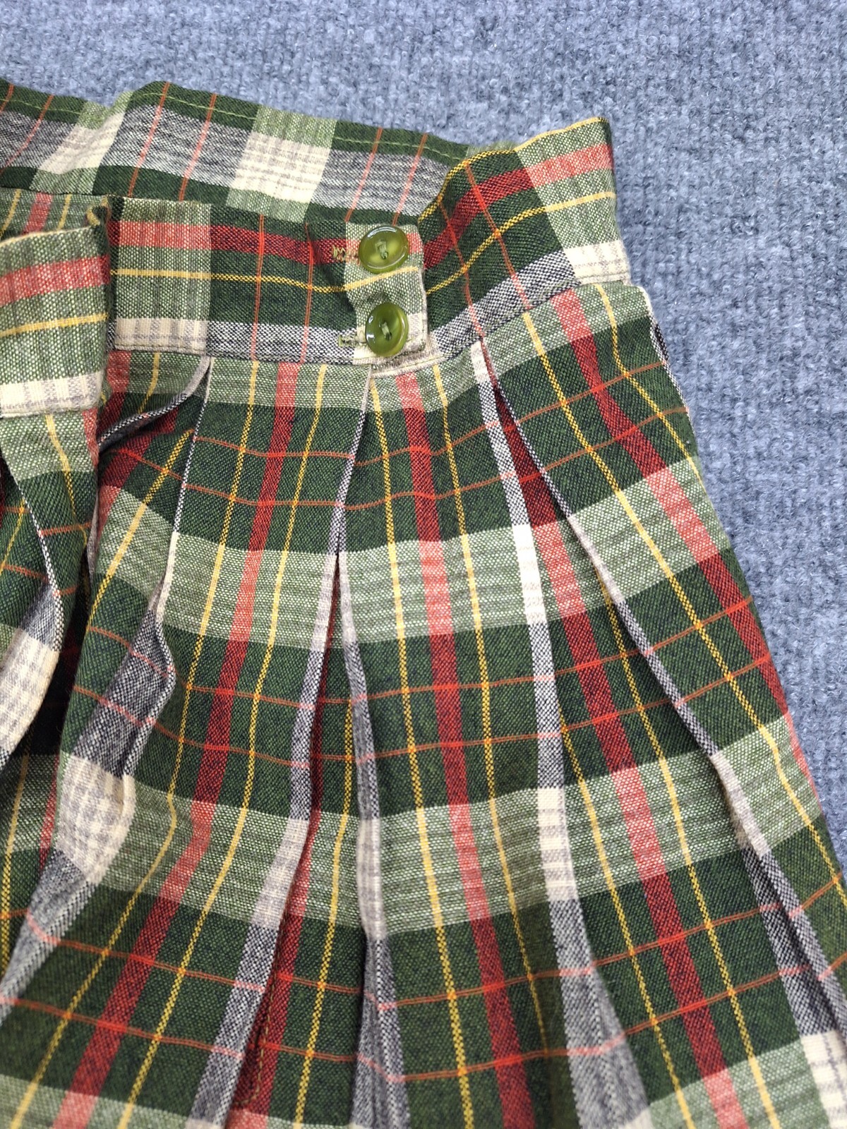 Vtg Alex Colman Pleated Wool Blend? Green Plaid Side Zip 26″ Waist Skirt