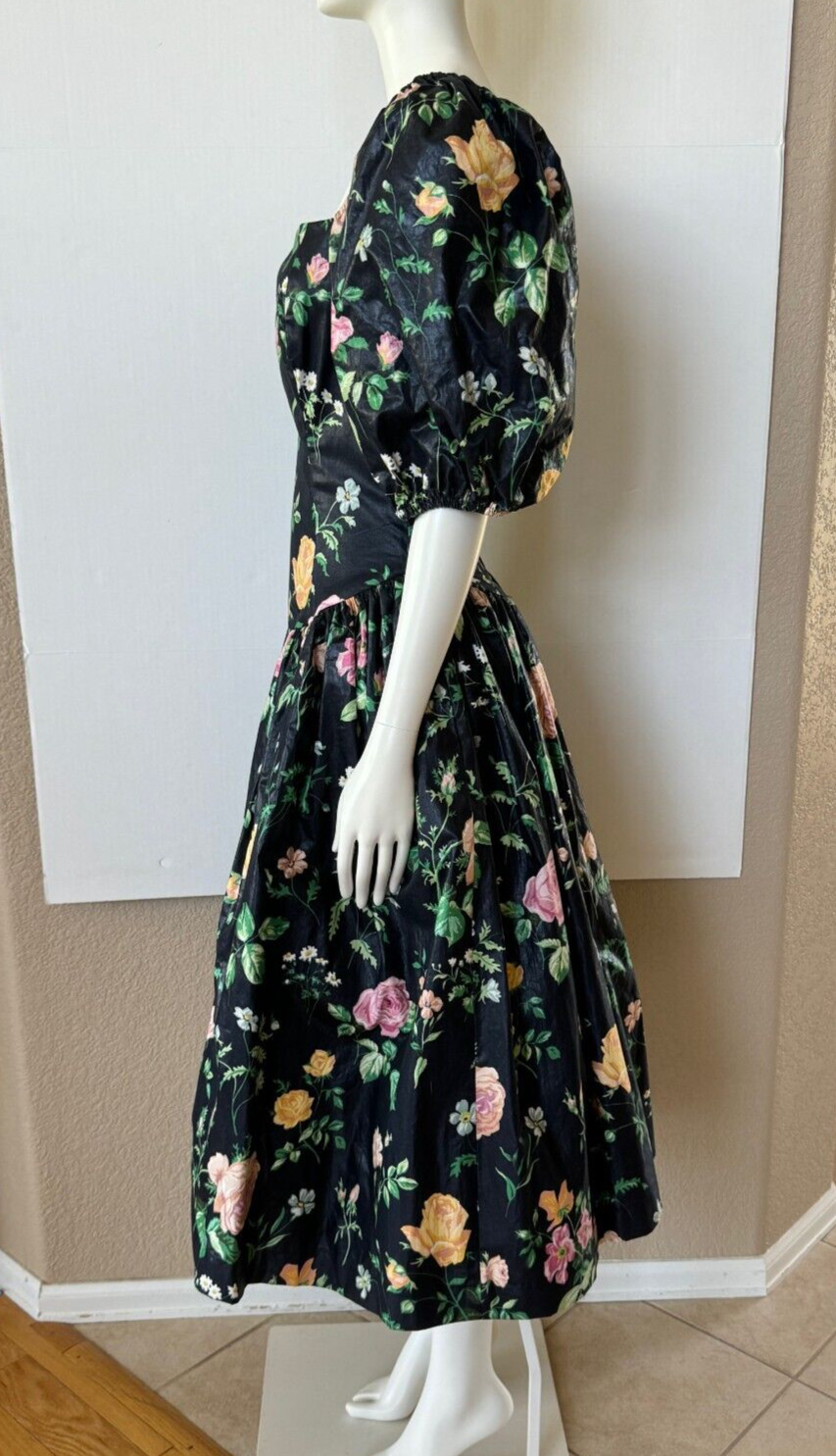 Vintage 80s Cottage Core Black Floral Prom Party Dress S G Gilbert Net Slip Sz 6