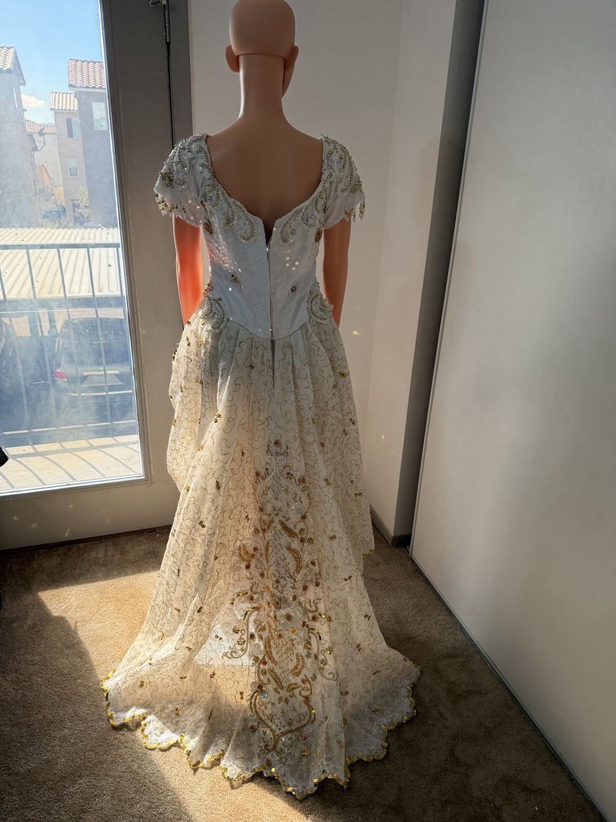 Vintage Ivory Gold Beaded Dress XS Formal Handmade Embellished Gow