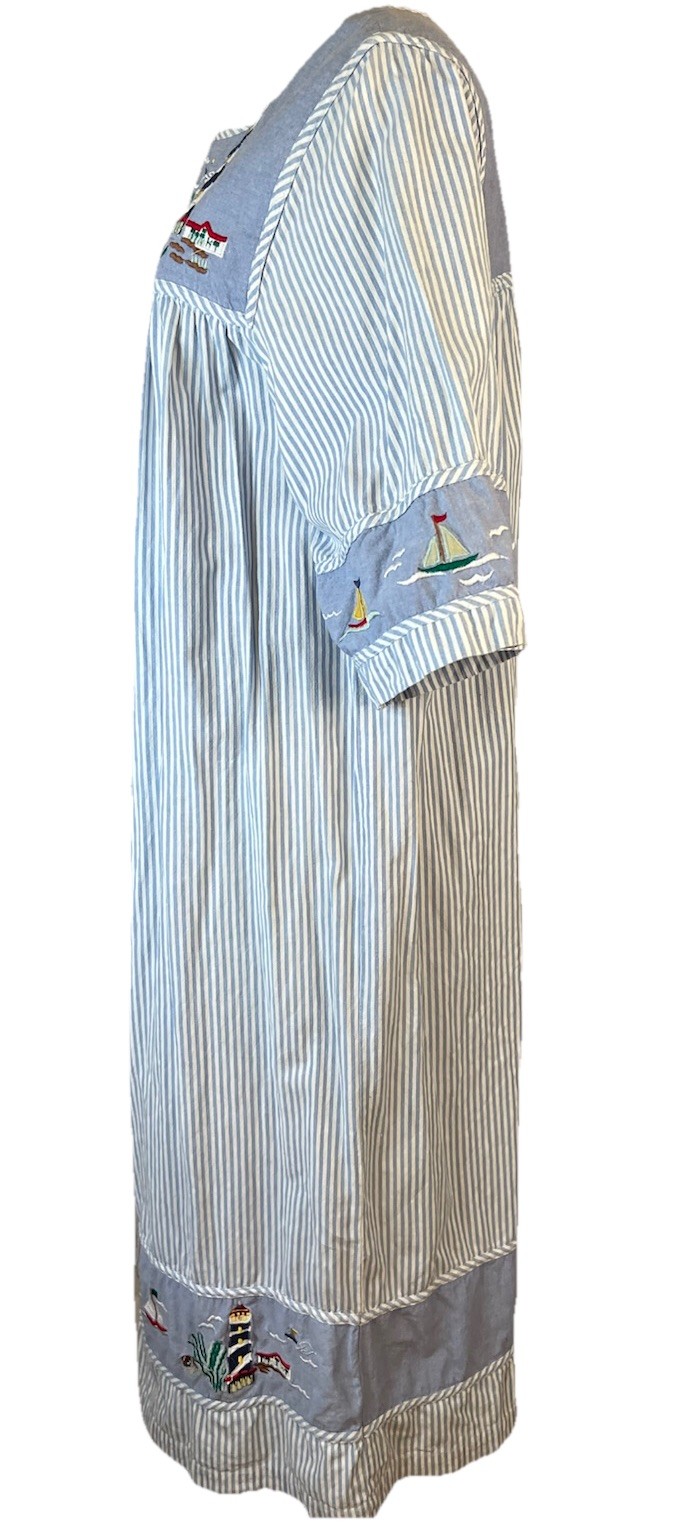 The Quacker Factory Grannycore Hickory Stripe Muumuu W/ Nautical Embroidery L