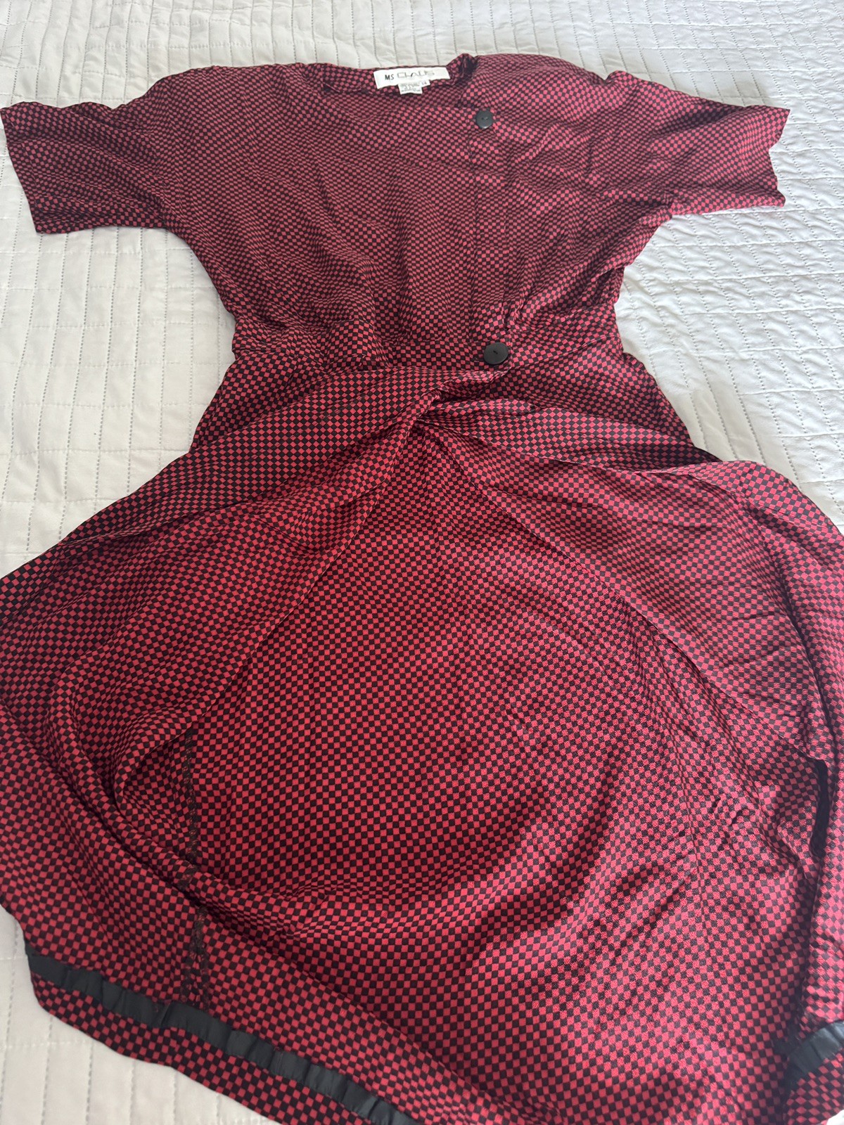 Vintage Ms Chaus Wrap Dress Red Black Check Rayon Midi Pockets Size 14 USA