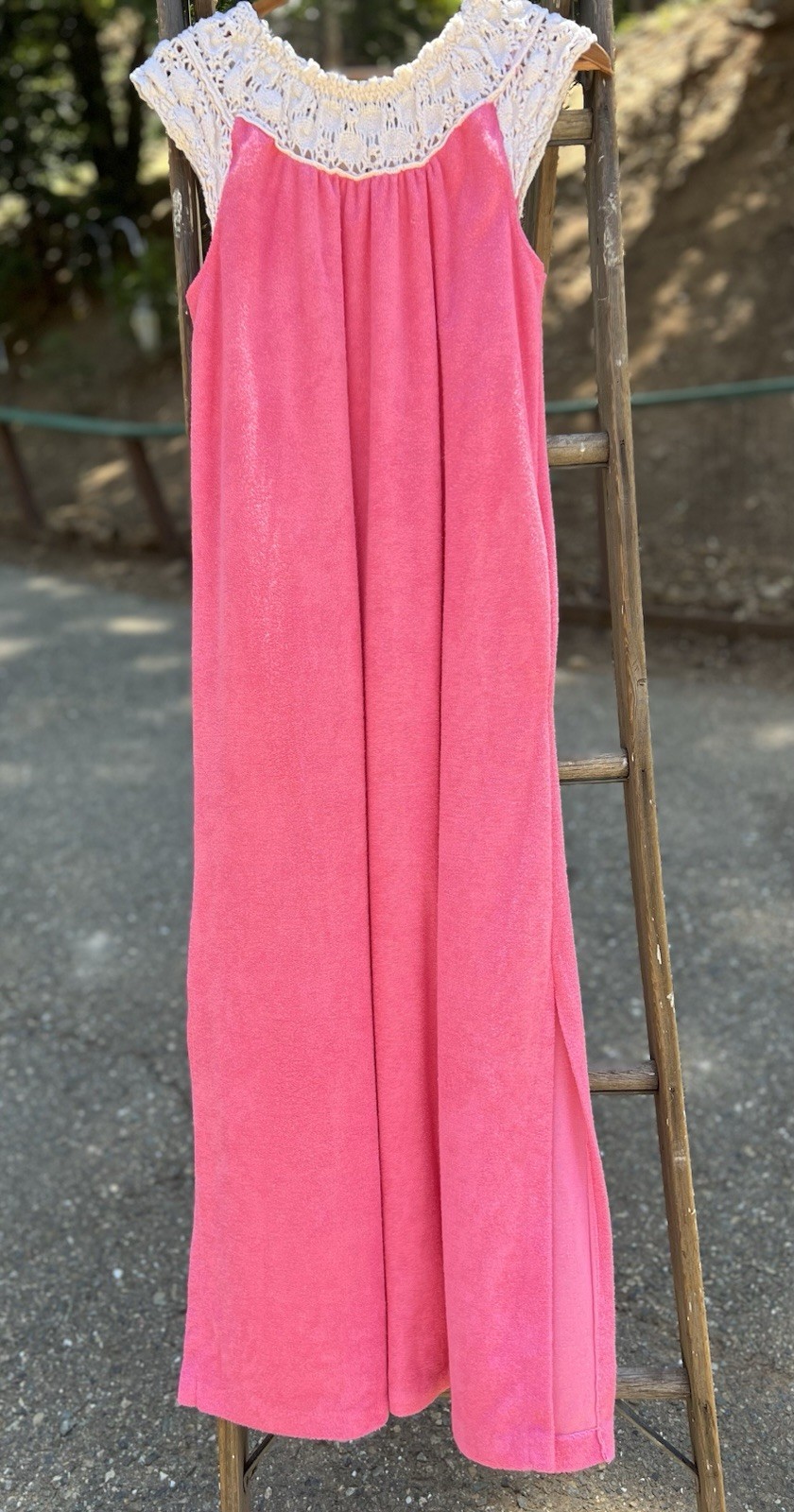 Vintage Hot Pink Terry Cloth Crocheted Lace Summer Dress Swim Cover Up 70s Mod