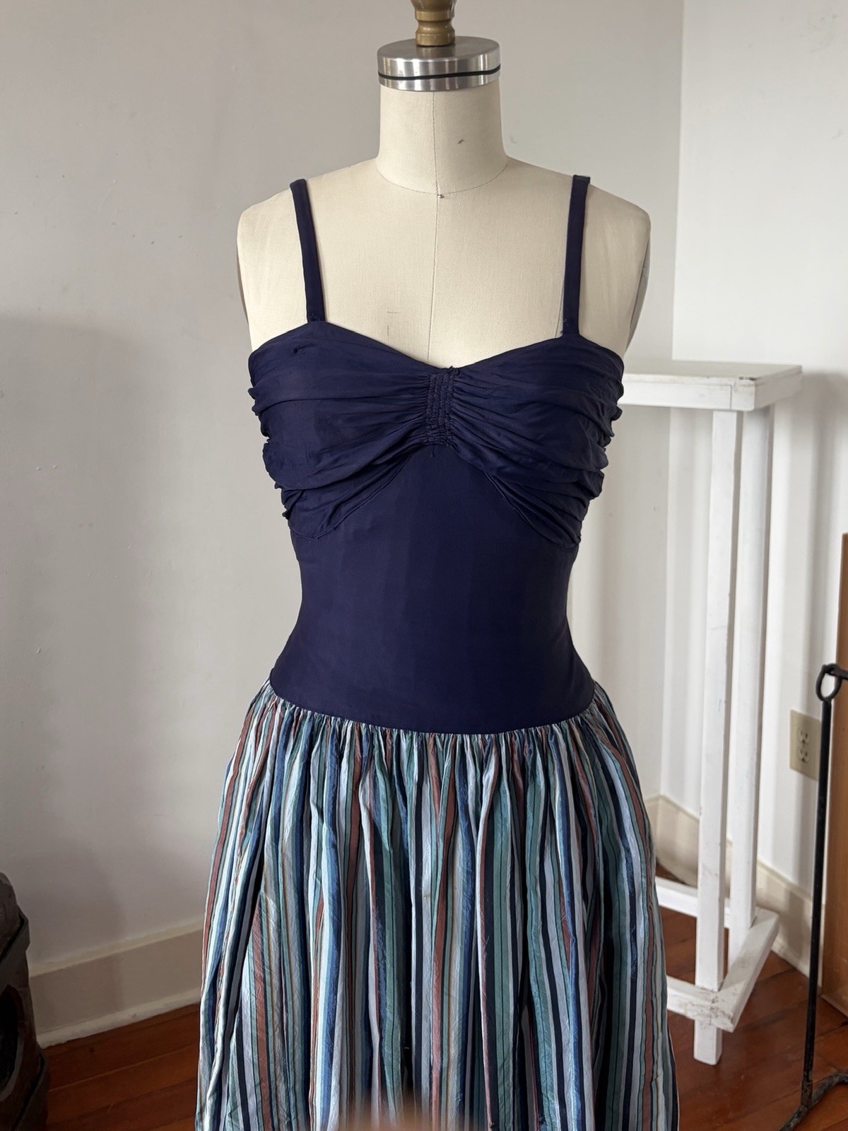 Vintage 40s Rayon Maxi Dress Ruched Bodice Colorful Striped Full Sweep Skirt XXS