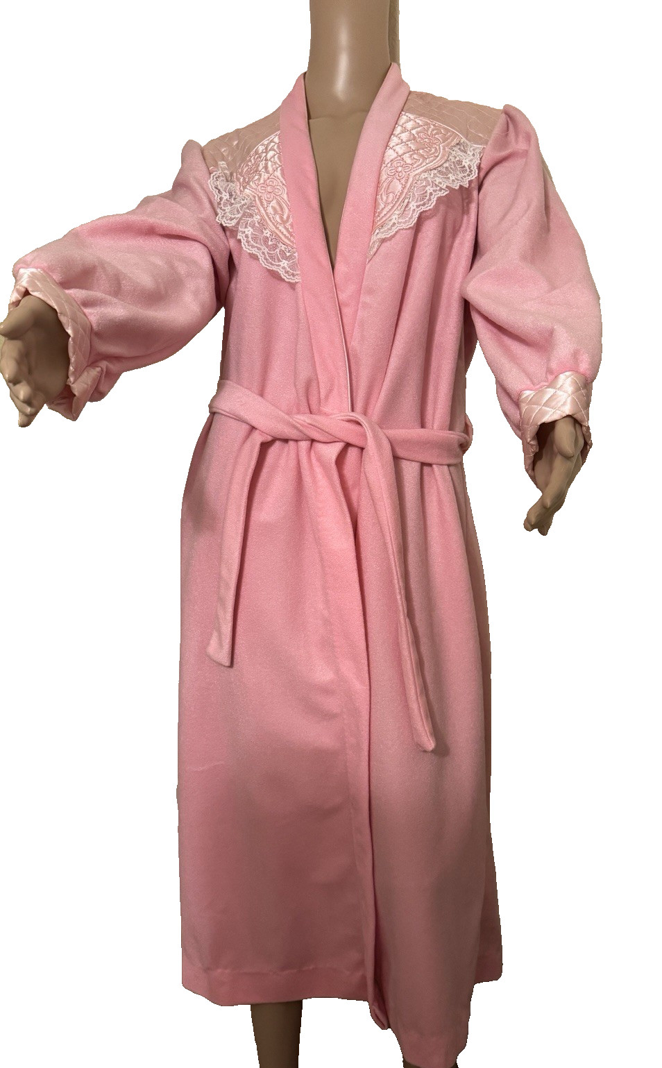 MSL Vintage Pink Velour Wrap Robe Quilted Satin Embroidery Lace Collar Size L US