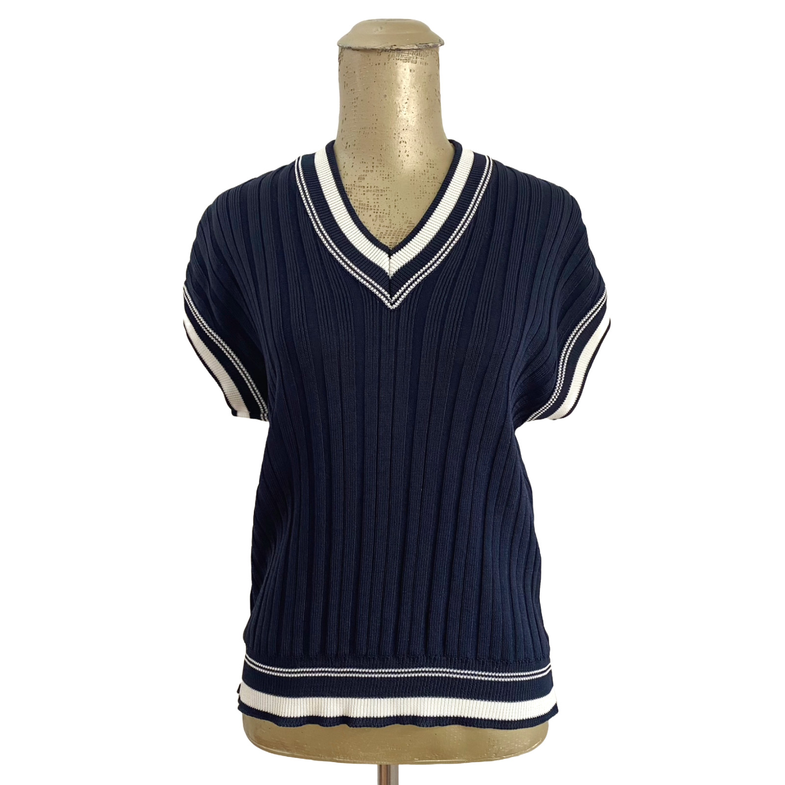 VIVANTI Vintage 80s Women’s Navy Blue & White Sailor Ribbed Sweater Blouse