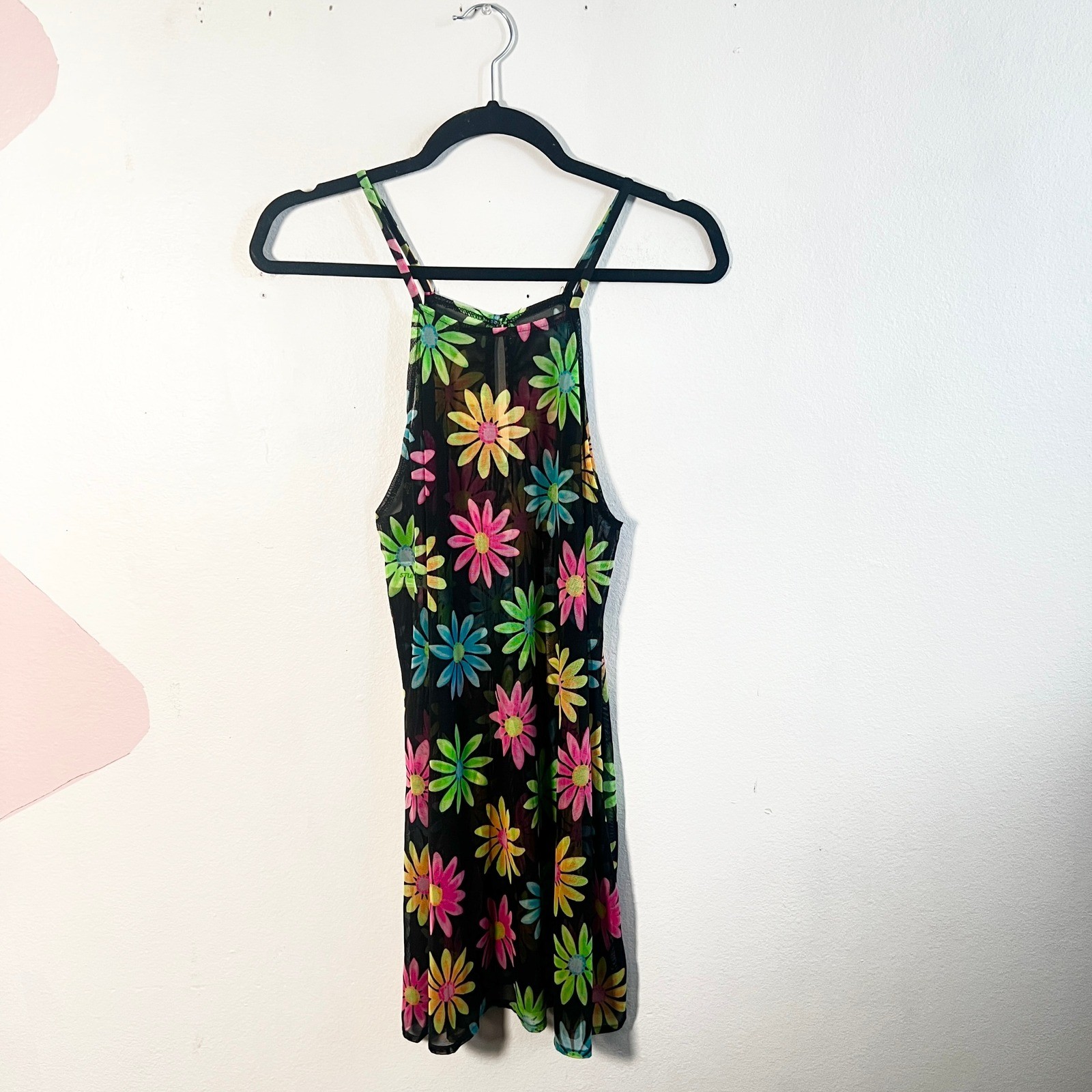 Vtg Y2k 2000s Mesh Mini Dress Medium Black Sheer 90s Neon Daisy Floral