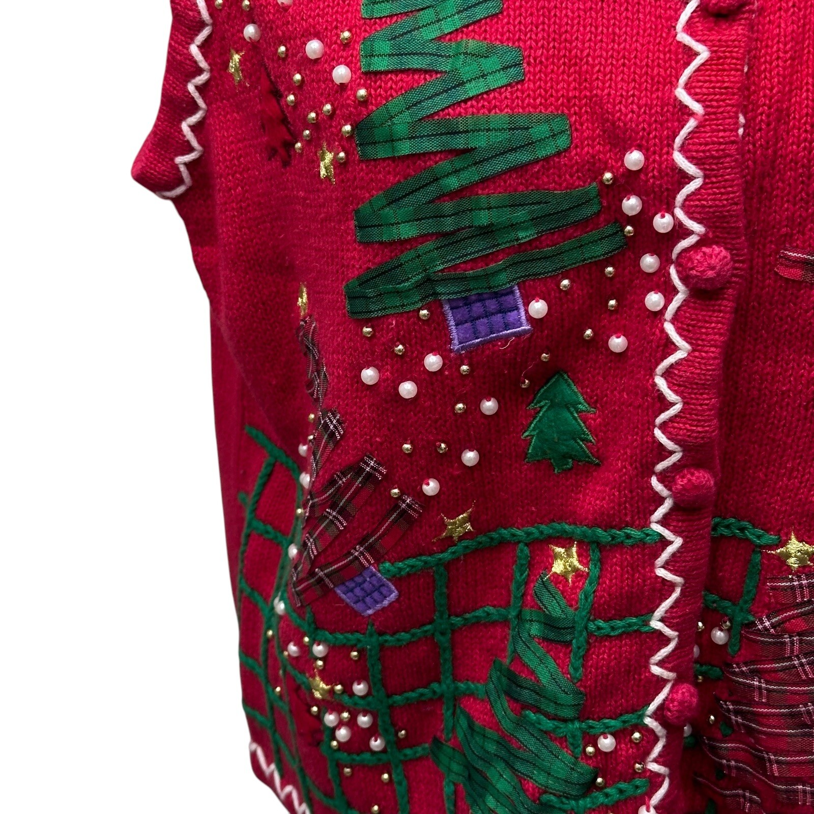Designer Original Studios Large Vintage Christmas Tree Embroidered Red Vest
