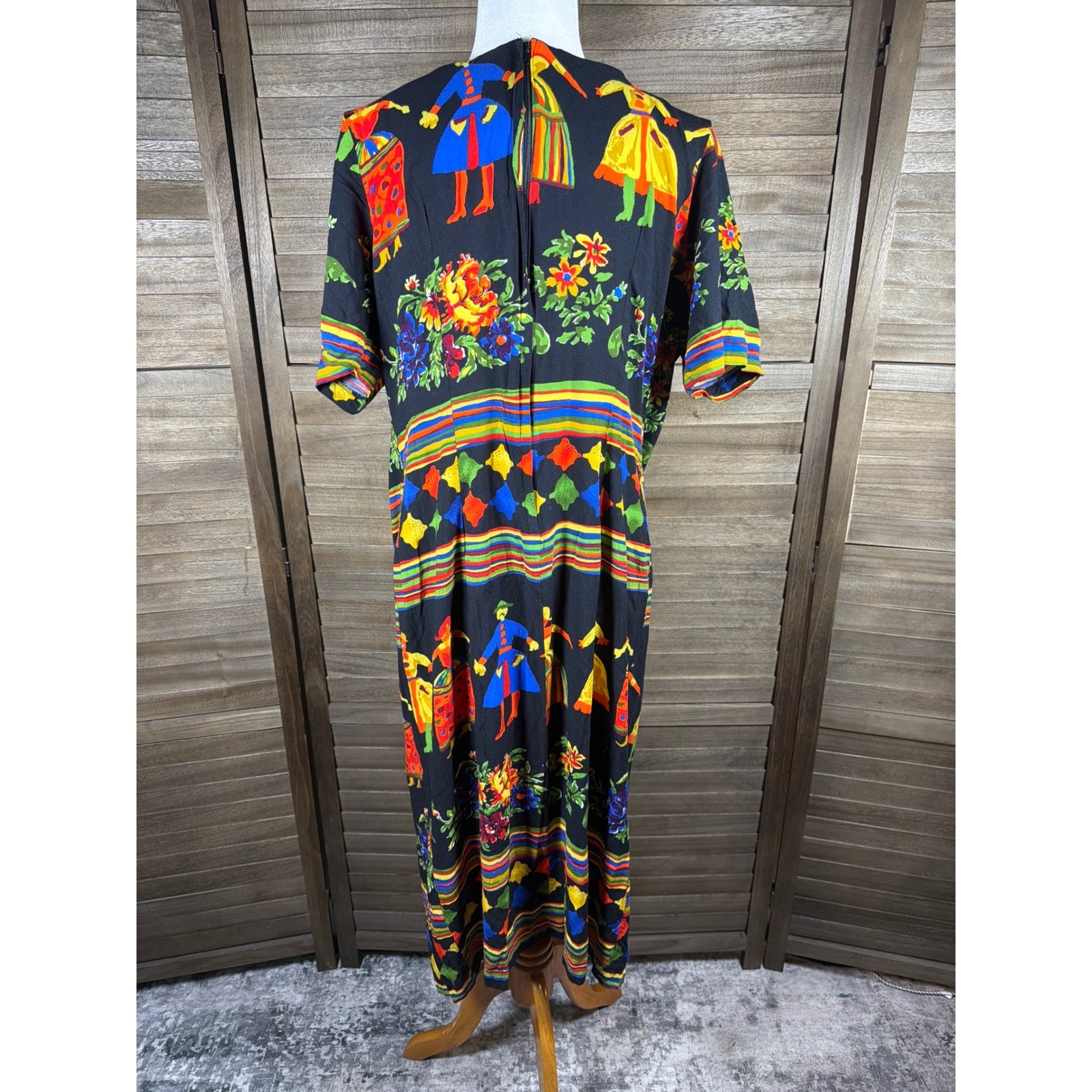 WNY Vintage Folk Art Novelty Print Midi Dress Black Multi Color Women Size 18