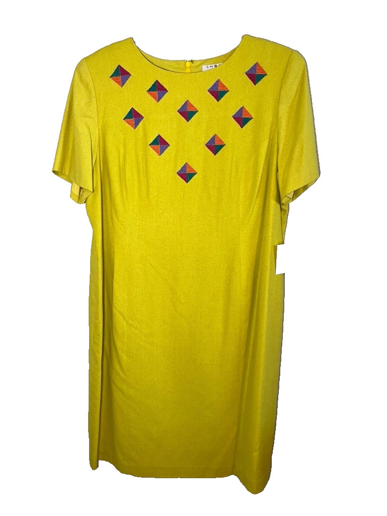 Vintage Silk Shift Embroidery Dress Yellow 20 Boho Indie Folk Classic Preppy 80s