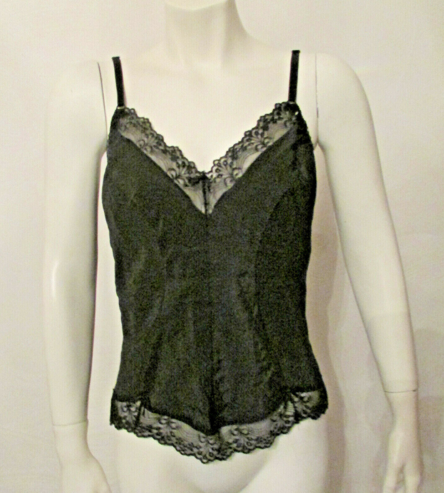 Maidenform Ambiance 61004 Black Satin Lace Trim Half Slip Cami Top 34 USA made