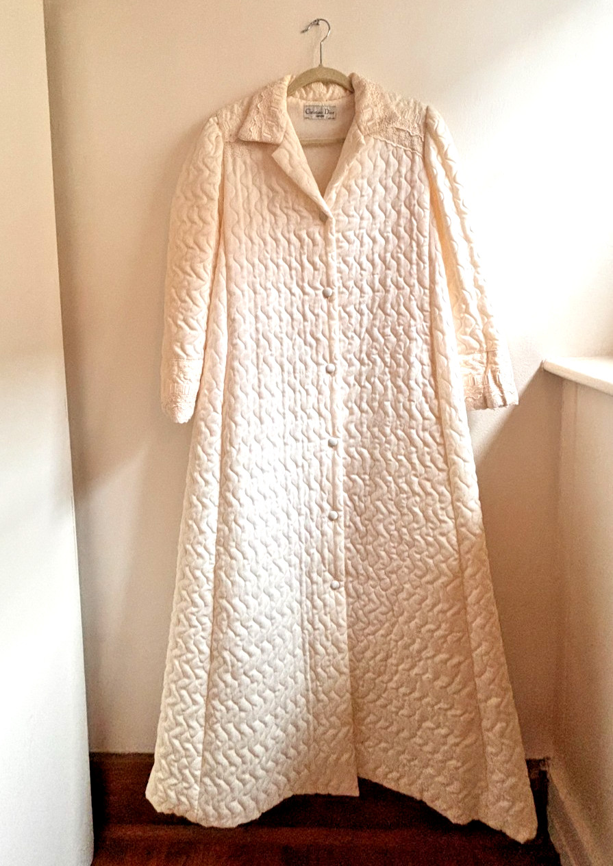 Vintage Christian Dior Lingerie Ivory Quilted Lace Maxi Robe Dressing Gown