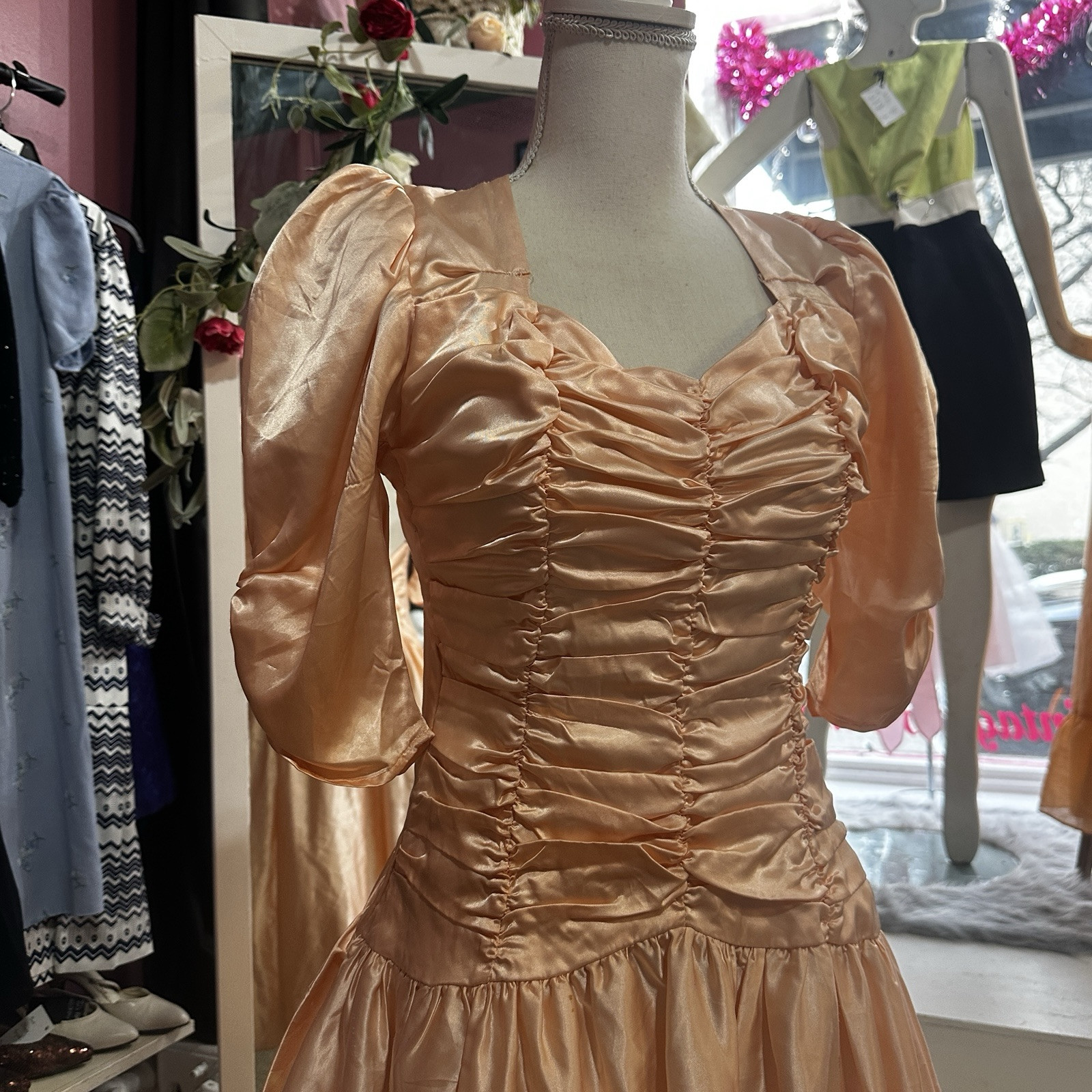 Vintage 80s Does 40s Liquid Satin Prom Party Dress Fit & Flare Peach Pink XS