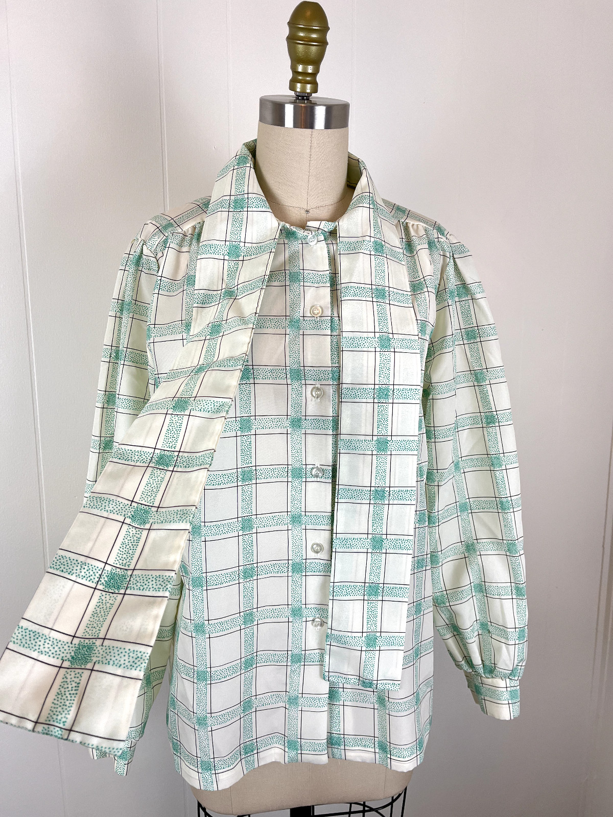 Vintage Pussy Bow Blouse Secretary Geek Medium Made in USA Windowpane Plaid