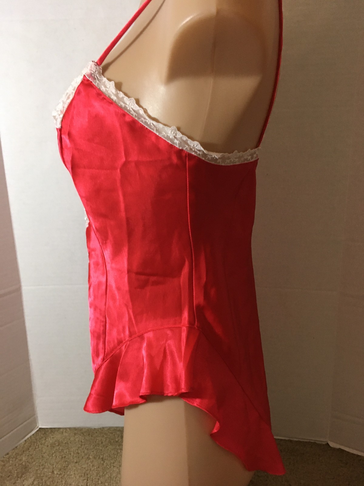 S Vtg VICTORIA’S SECRET Soft SATIN Lace Bodysuit Teddy Red Ivory Gold Label