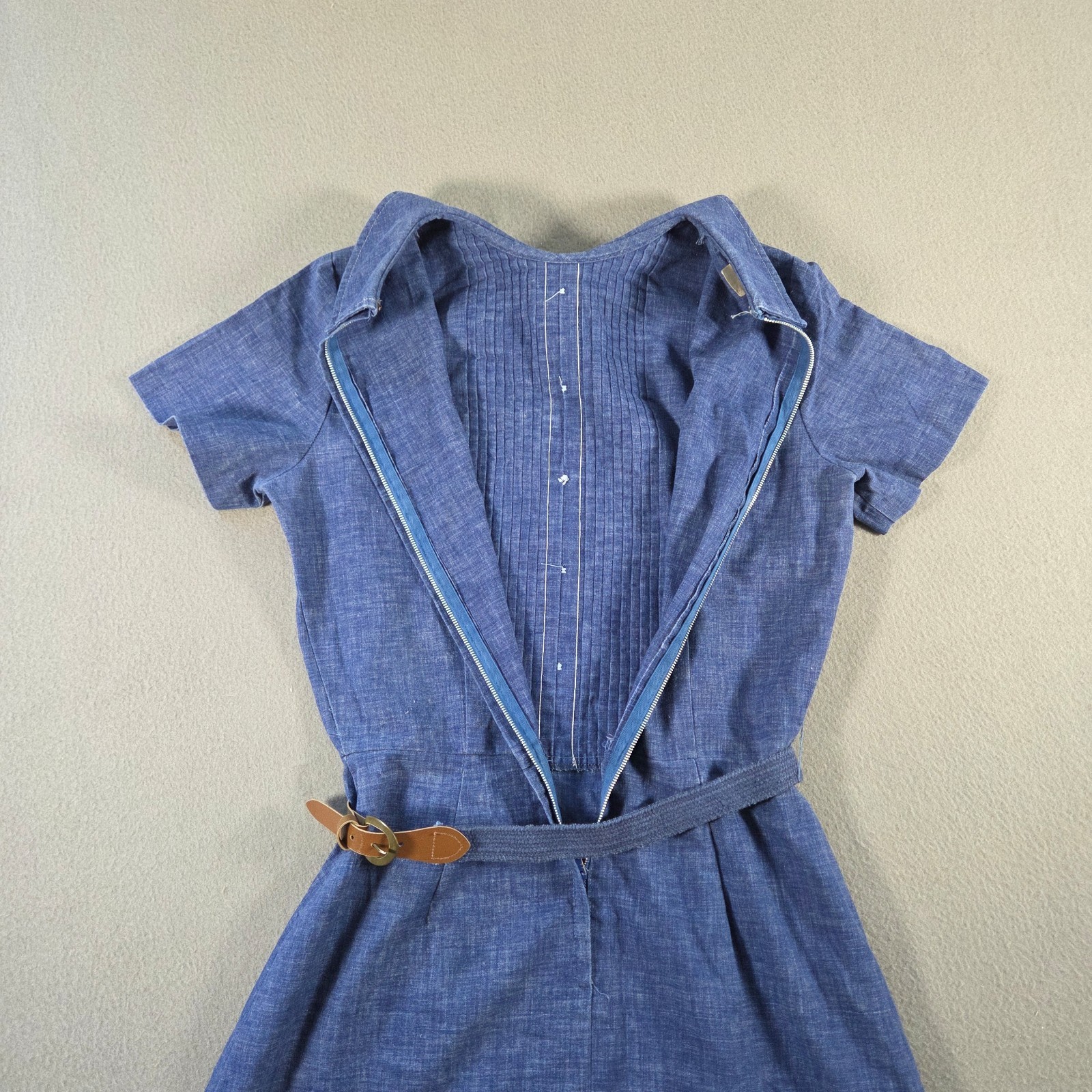 Vintage Mini Dress Womens Small Blue Chambray Pleated Belted Short Sleeve 80s