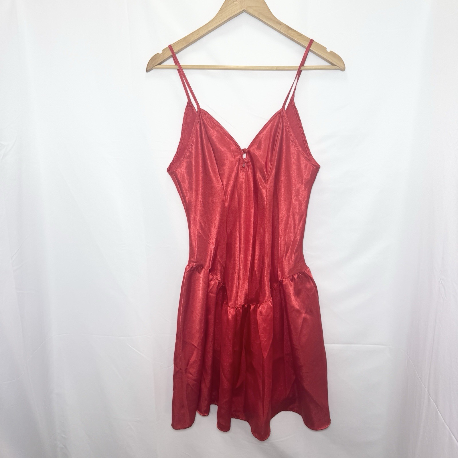 Vtg CINE STAR Red Satin Chemise Slip Dress M Dropped Basque Waist 90s Romantic