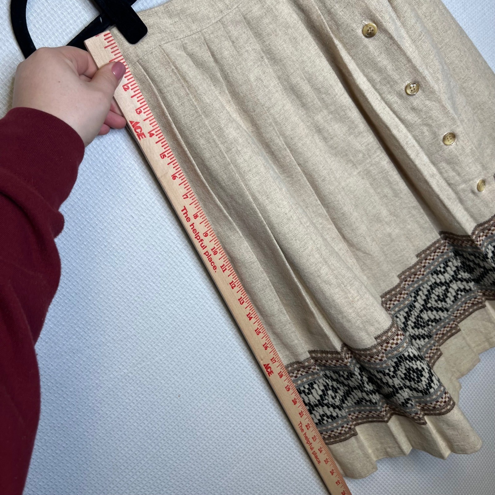 Vintage Oatmeal Beige Pleated Skirt Wool Button Front Geometric Border Size 0