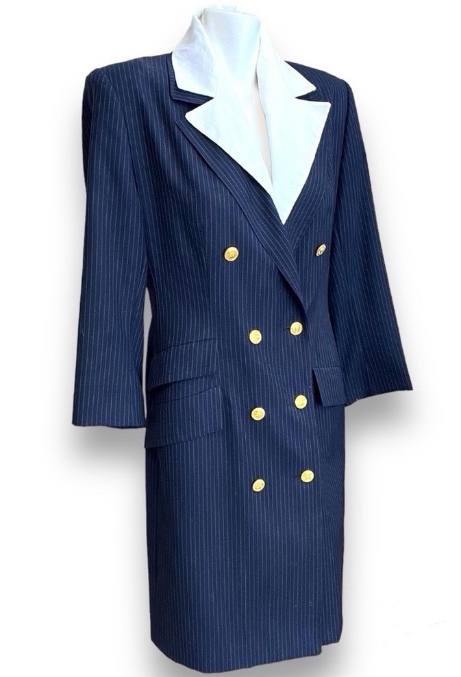 Vintage Celine Wool Pinstripe Double Breasted Coat Dress Removable Collar