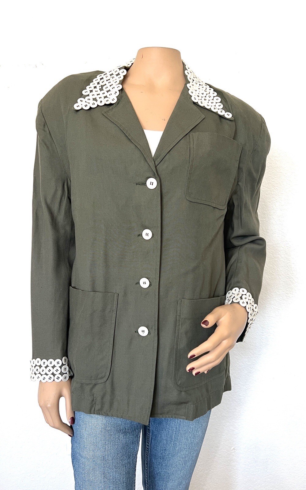 Todd Oldham Times Seven 7 Jacket Blazer Size S Small Buttons Olive Green READ*