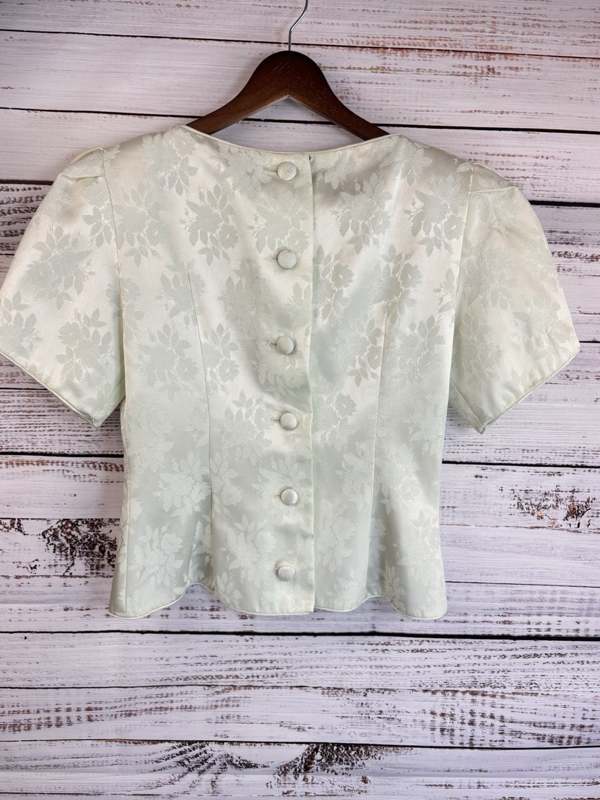 Vintage 80s Formal Top S/M Beaded Damask Ivory Strong Shoulders Fitted Glamour