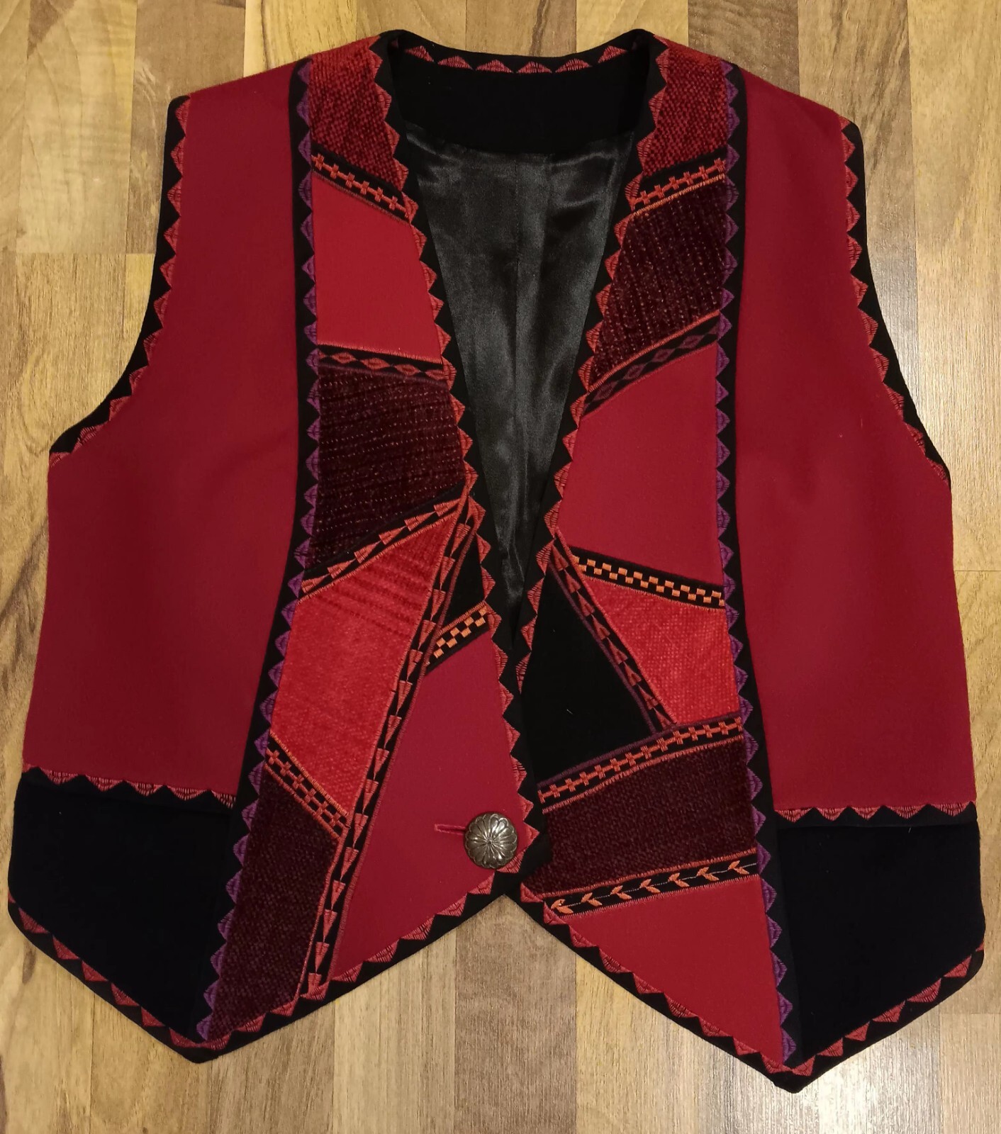 Vintage 80s Artist Made Red Wool Lined Sarmite Wearable Art Embroidered Vest
