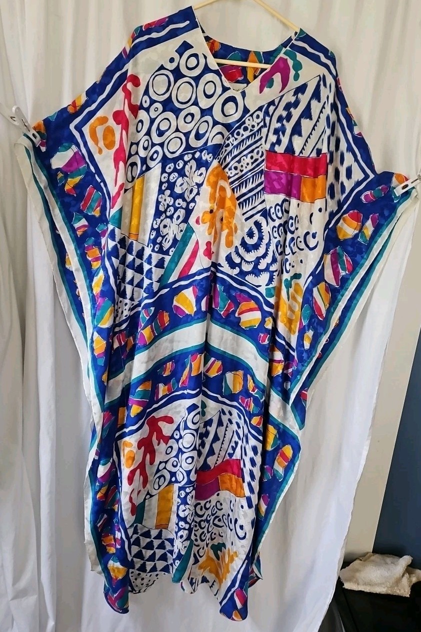 Vintage Ruth Norman Bright Multi Color Caftan Lounge Dress USA One Size