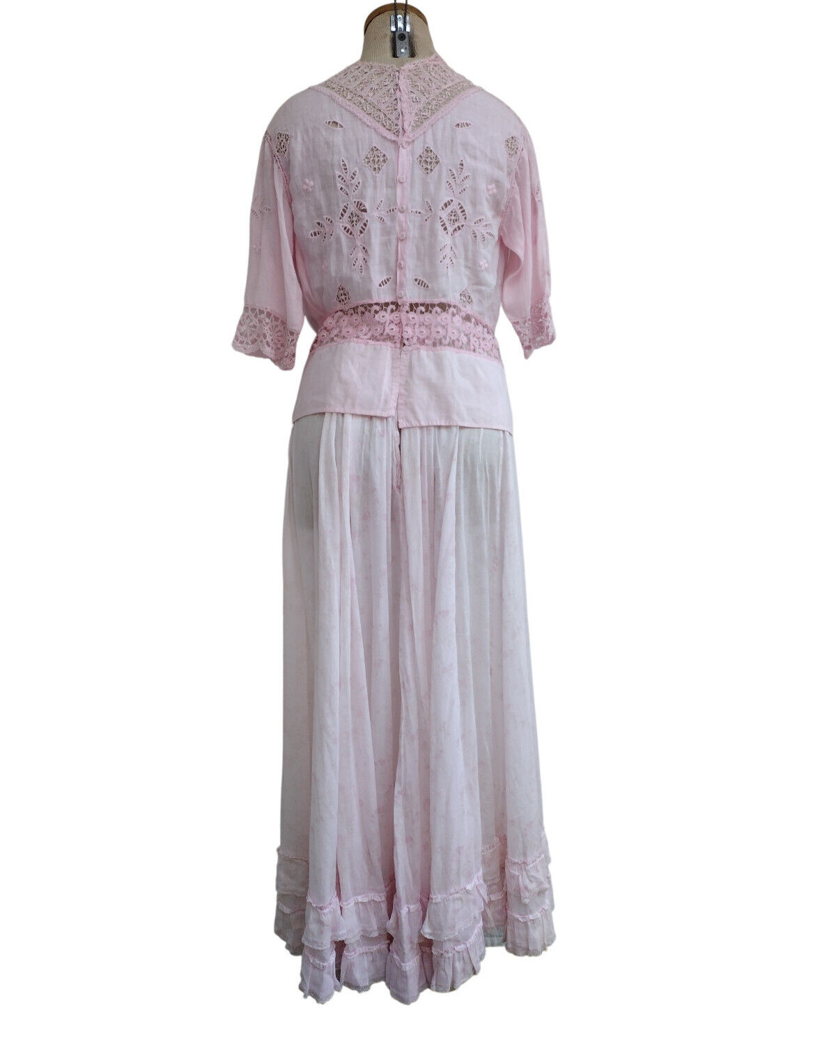 Antique Edwardian Victorian Pink Floral Bouquet Lace Prairie Maxi Dress Size S