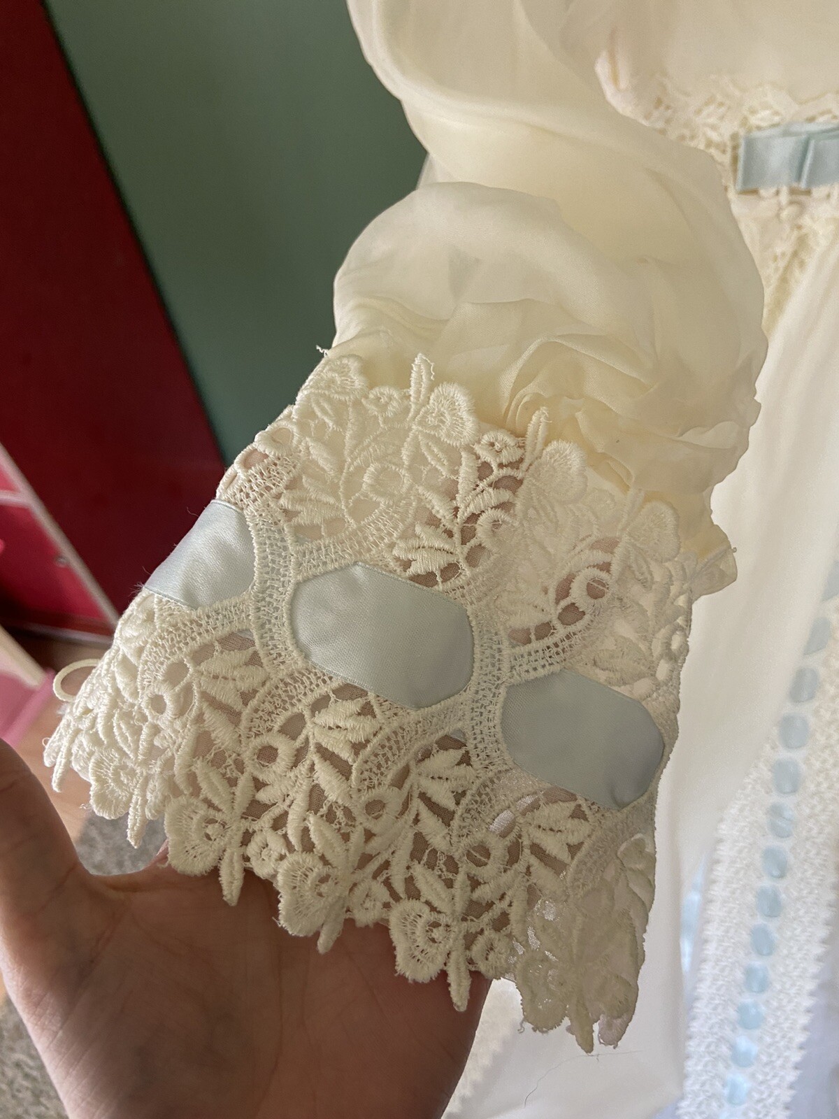 1960s VTG Edythe Vincent Alfred Angelo Lace Long Sleeve Wedding Dress Train Blue