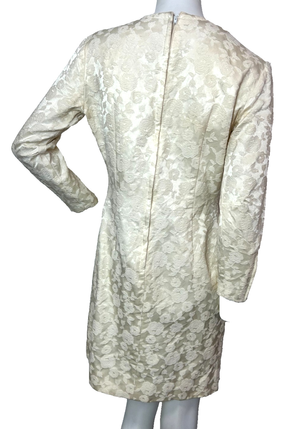 60’s Ivory Satin Brocade Wiggle Dress Size Small Zip Back Sleeve Damask Vintage