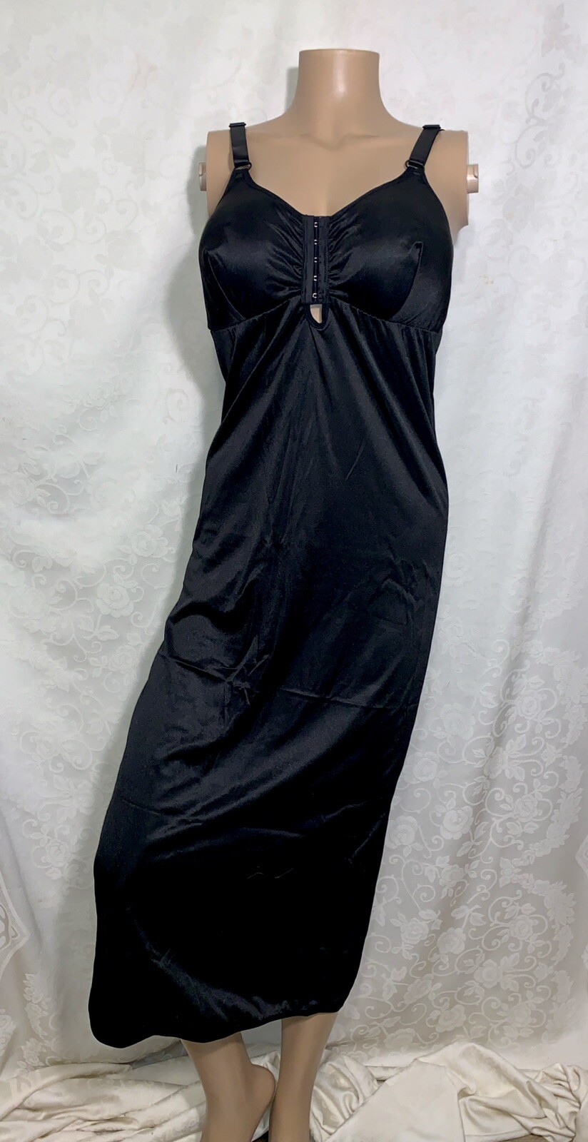 44 B C Vintage New Long Sleek Black Silky STRETCH SATIN Front Close Bra Slip