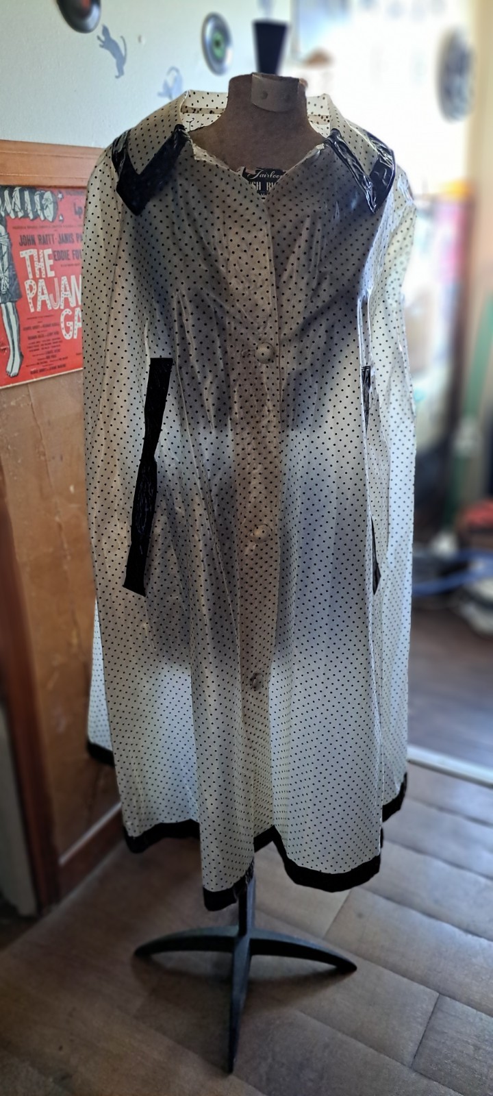 Vintage 1960s Black & White Polka Dot Raincoat S/M Mod Retro Hollywood Glam
