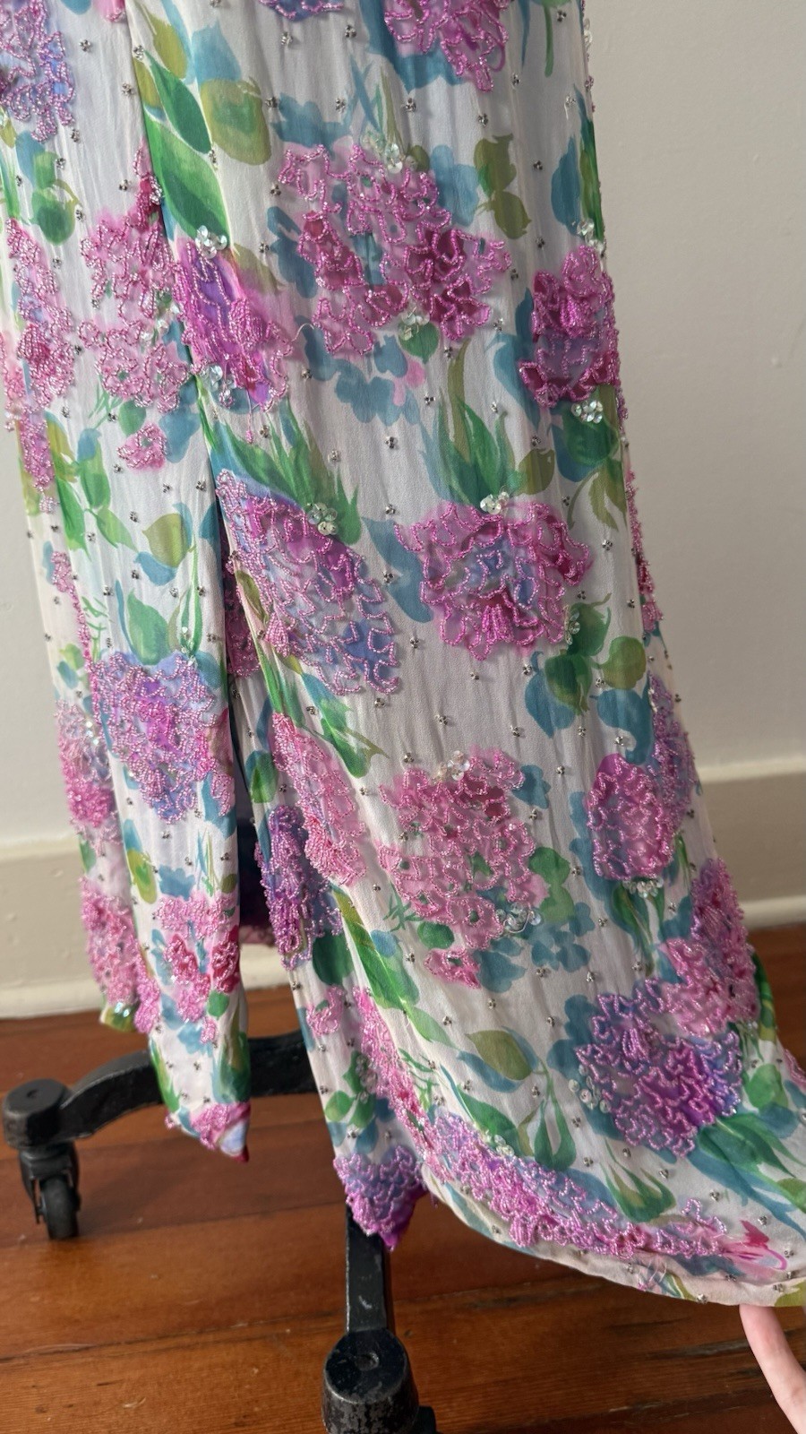 Vintage 1950s 60s Rare Designer Sara Fredericks Hand Beaded Chiffon Evening Gown