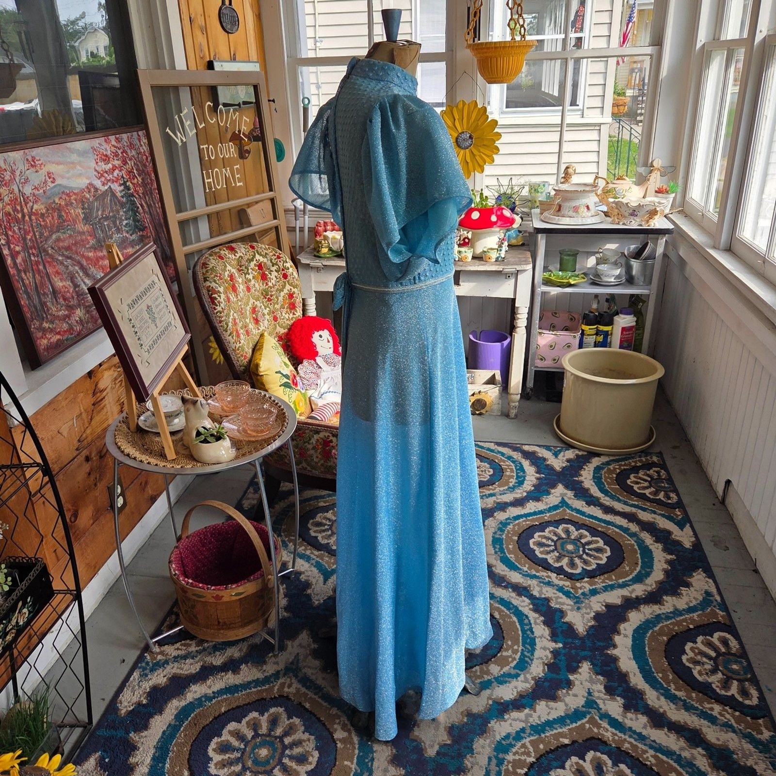 Vintage 60s Lurex Metallic Blue Maxi Disco Puffed Sleeves Transparent Size Small