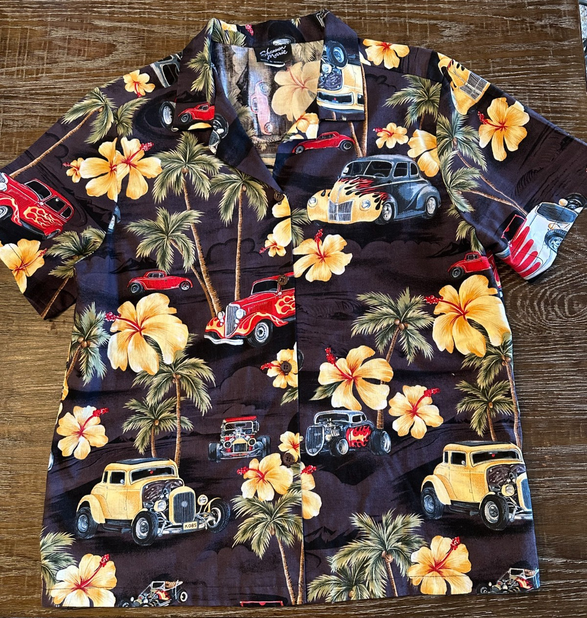 Vintage Hawaiian Shirt Womens M Hot Rods VW Volkswagon Shannon Marie Brand