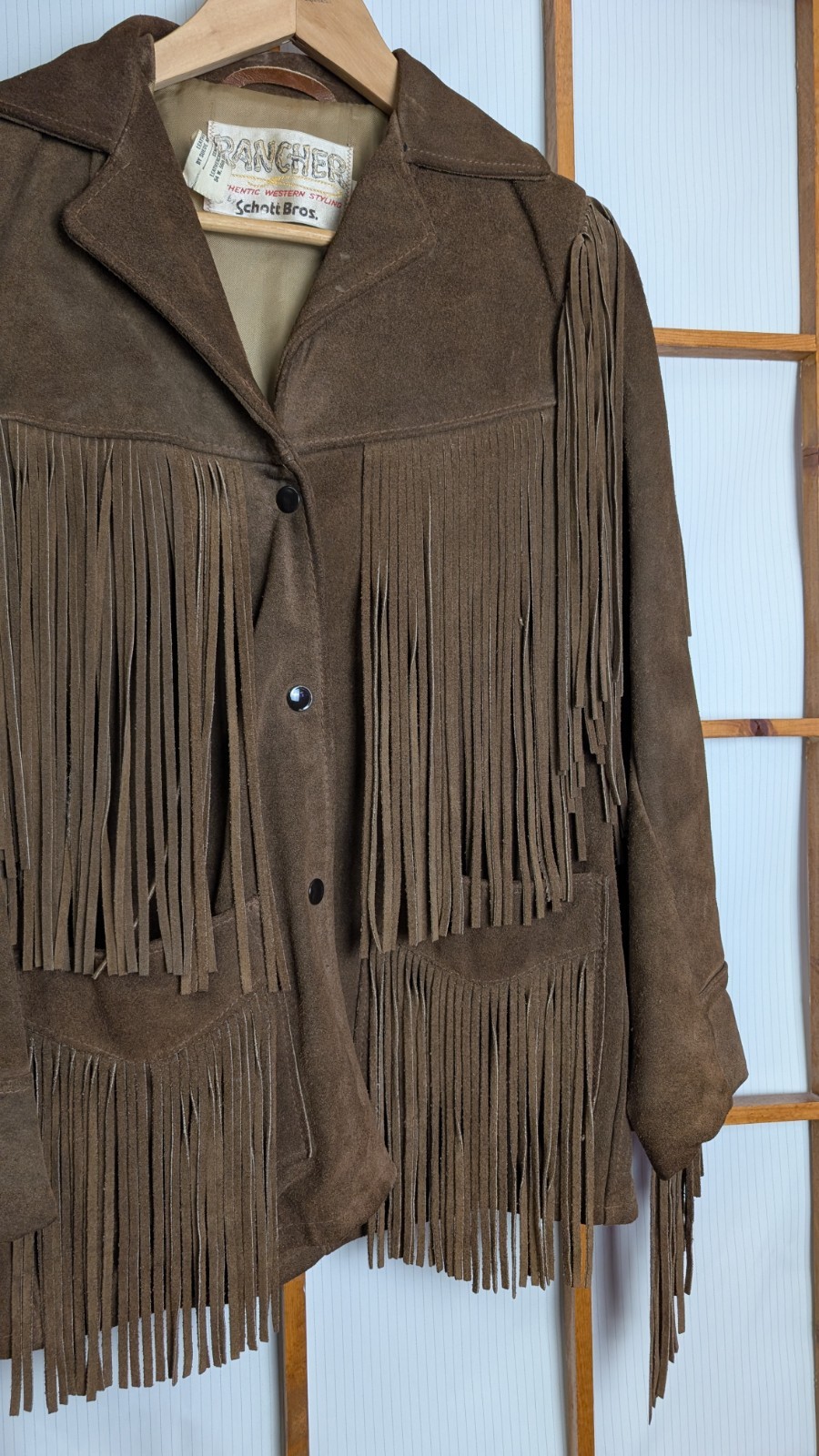 Vintage 70s Schott Bros RANCHER Western Fringe Leather Coat Brown Size 8