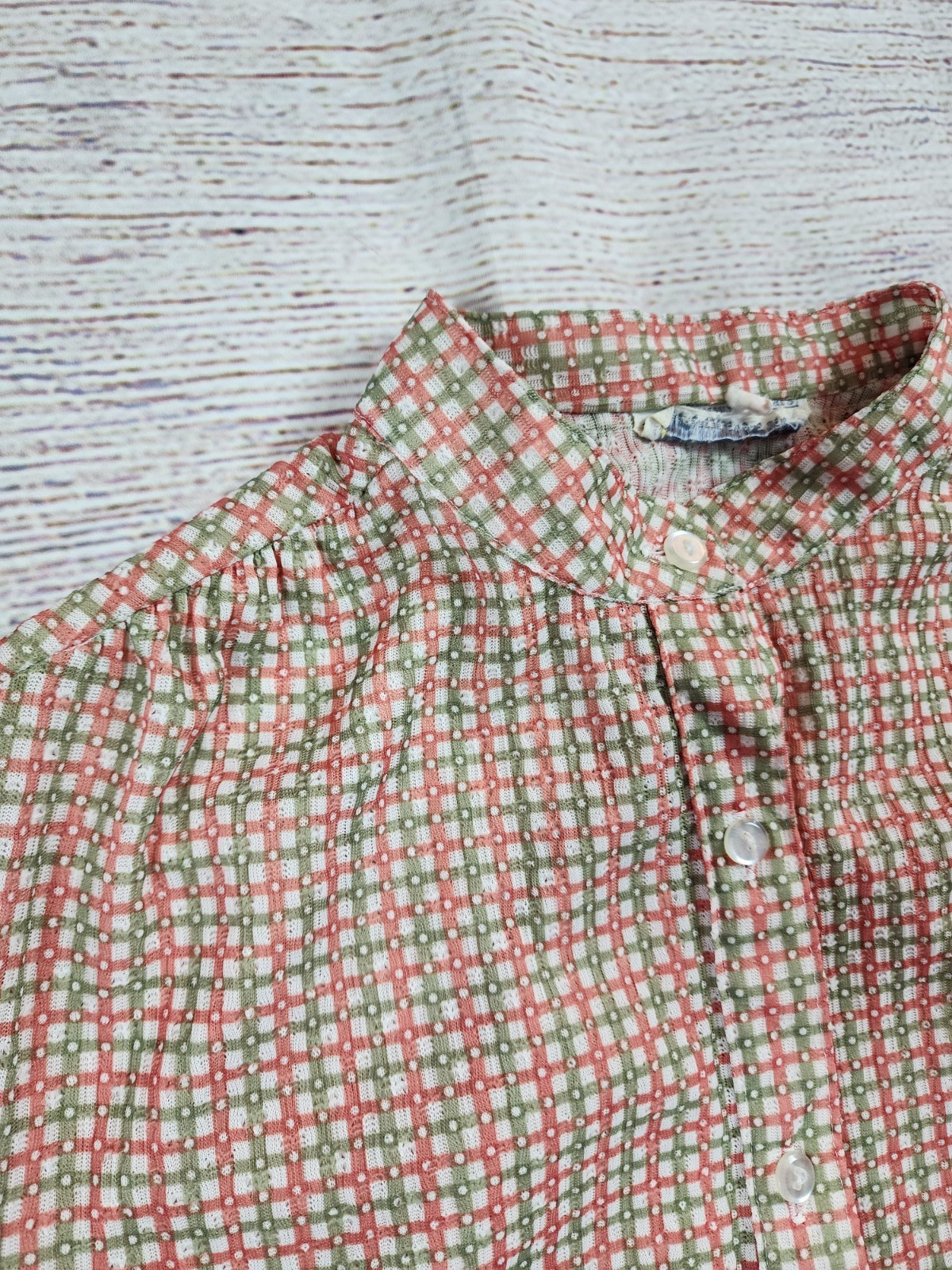 VTG 70s Sears Knit Boutique Large Green Pink Checkered Button Up Shirt Prairie