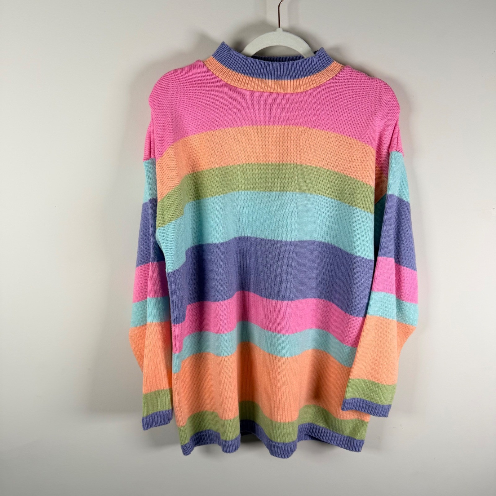 Bedford Fair Lifestyles Vintage Pastel Rainbow Striped Acrylic Sweater Large USA