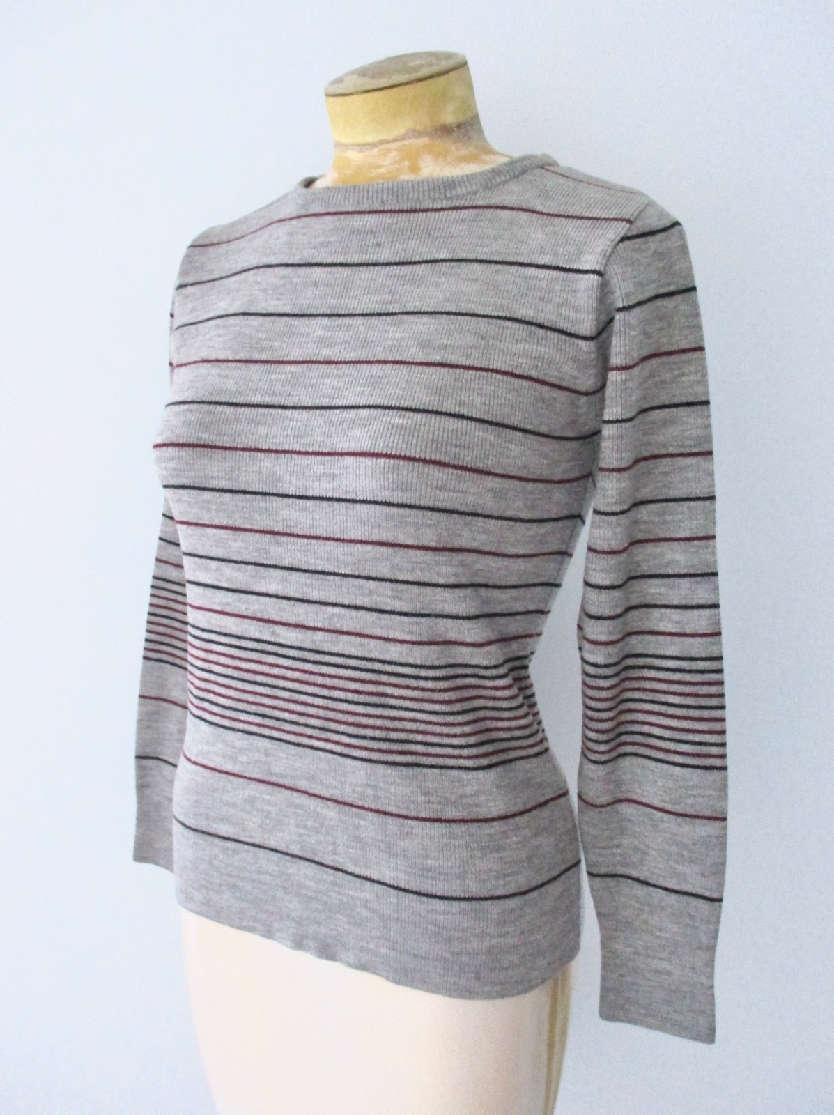 Vtg 60s 70s Donnkenny Gray Red Navy Stripe Acrylic Knit Sweater Disco Top S/M