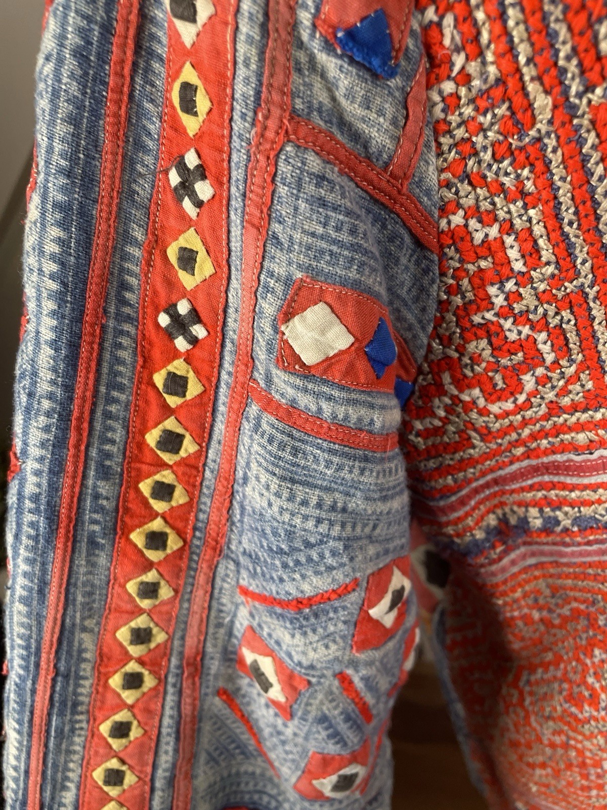 Vintage Hmong Style Embroidered Jacket Boho Ethnic Artisan Indigo Print XL