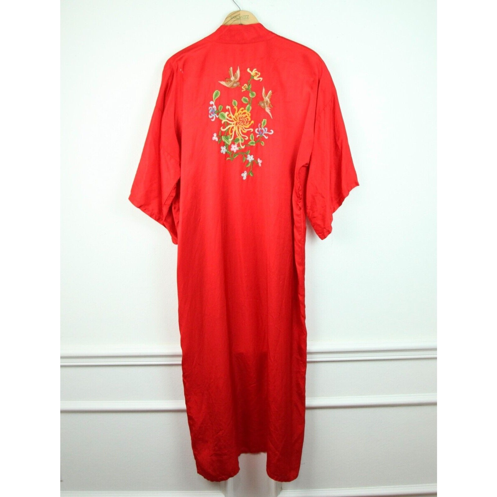 Vintage Red Satin Robe Embroidered Dragon Hollywood Glam Small Kimono Lounge
